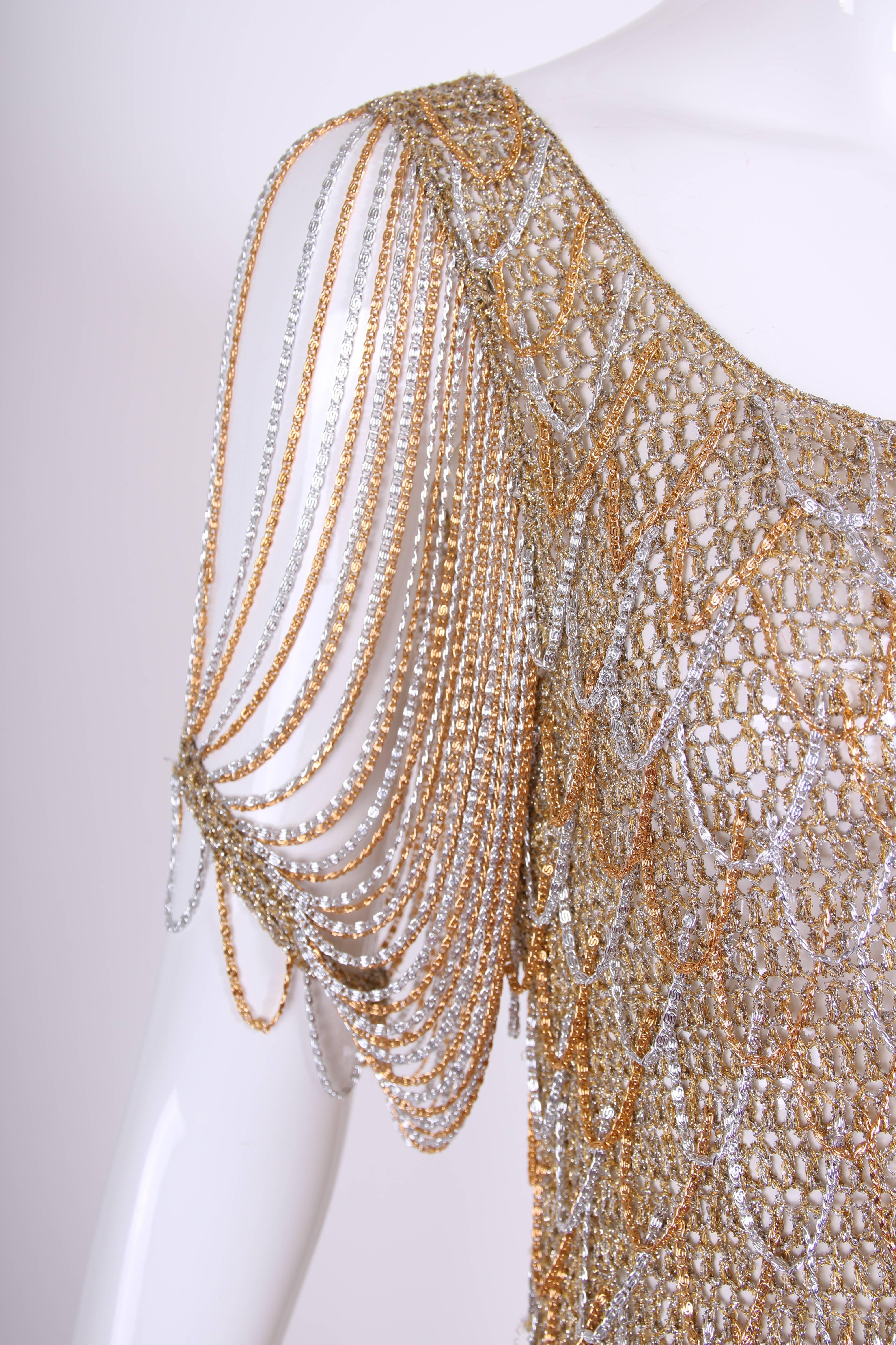 Beige Loris Azzaro Gold and Silver Knit Lurex and Chain Top, 1970s 