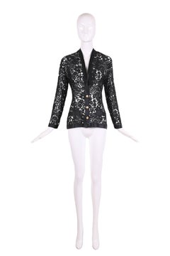 Chanel Black Lace Jacket with Black Silk Trim and Gold tone Camellia Buttons