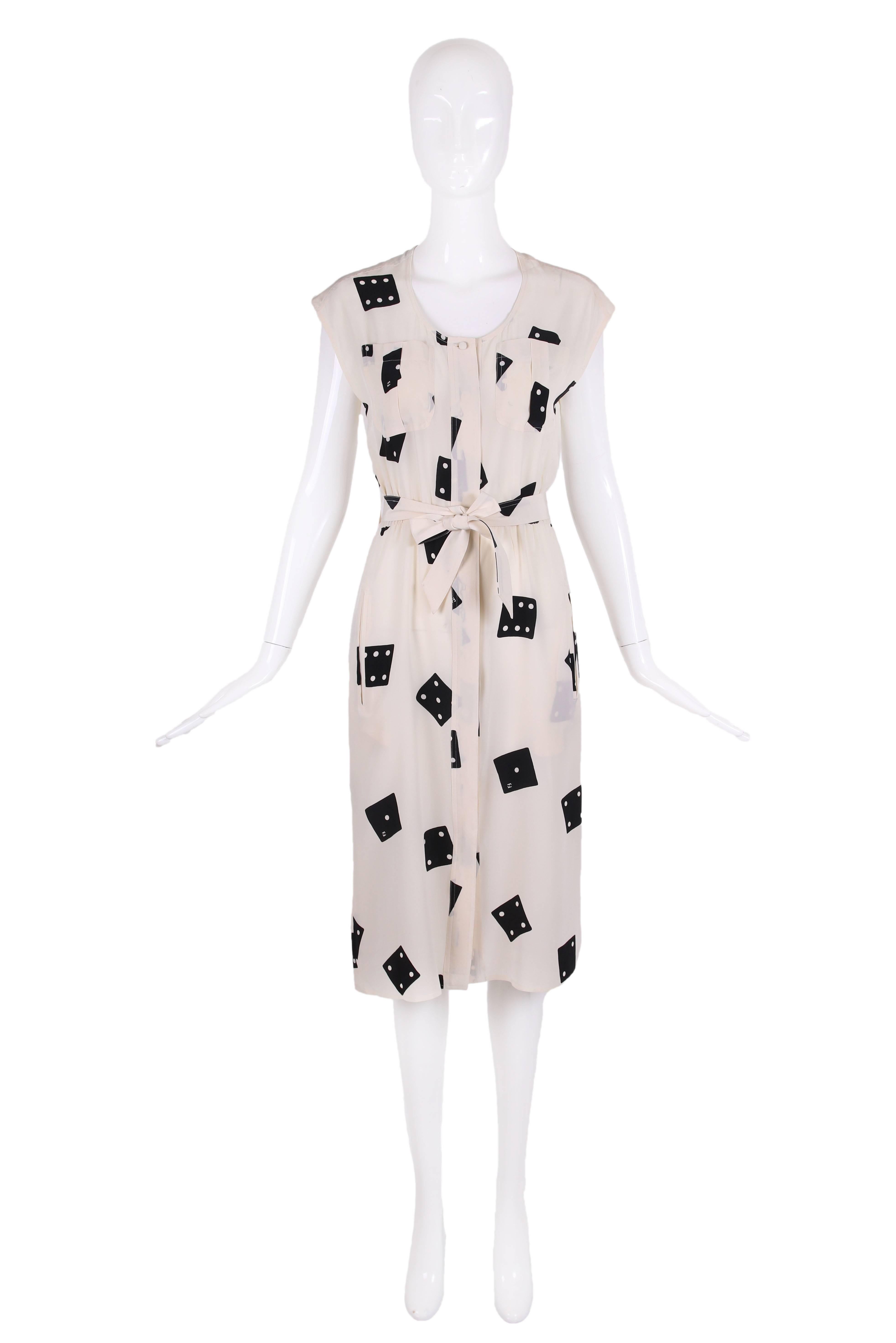 Vintage Fendi white silk sleeveless day dress with black dice print & self belt. In excellent condition - please see measurements.