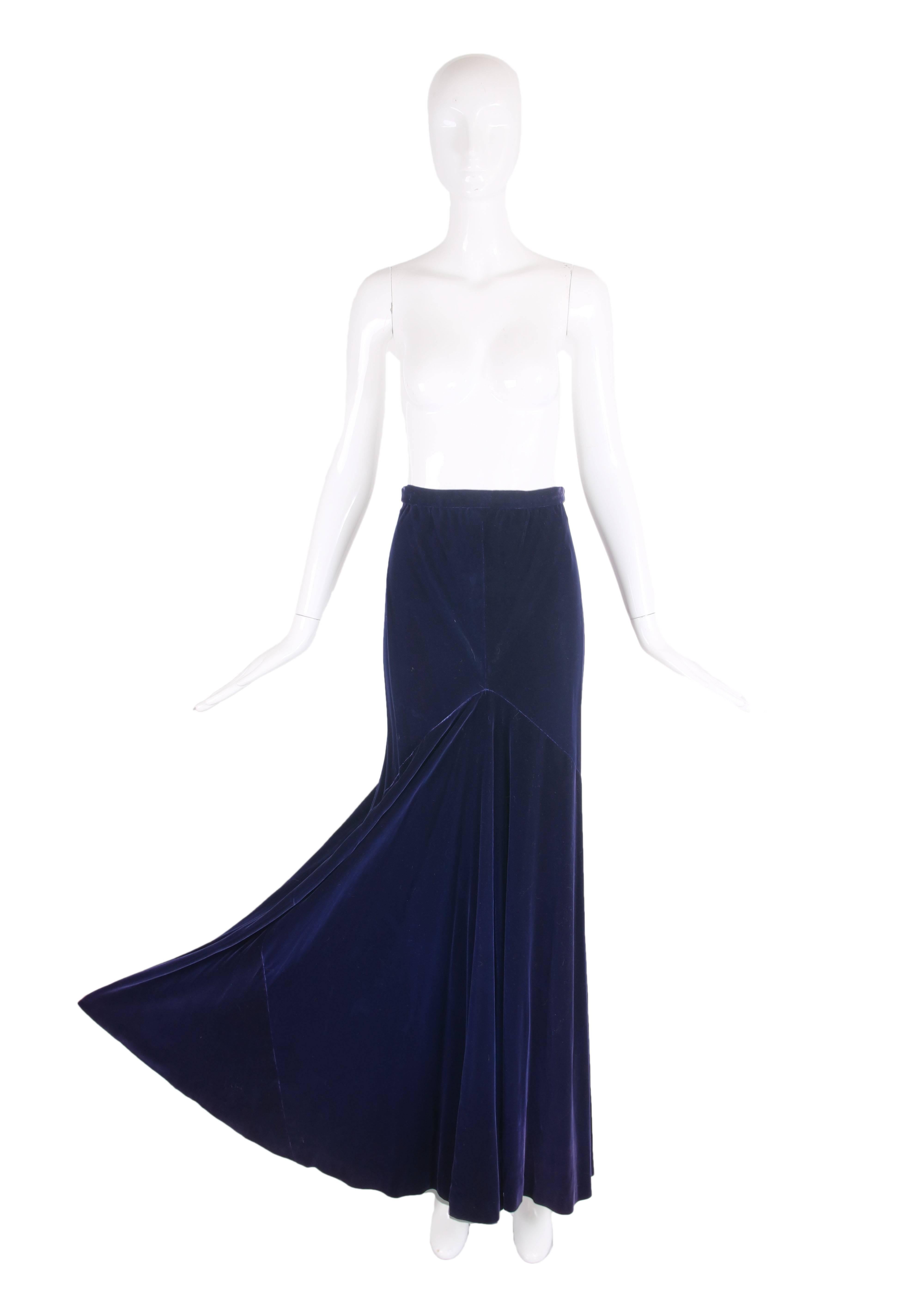 1970's Halston headstock deep royal blue velvet maxi skirt with blue silk interior lining. In excellent condition. No size tag, please see measurements.