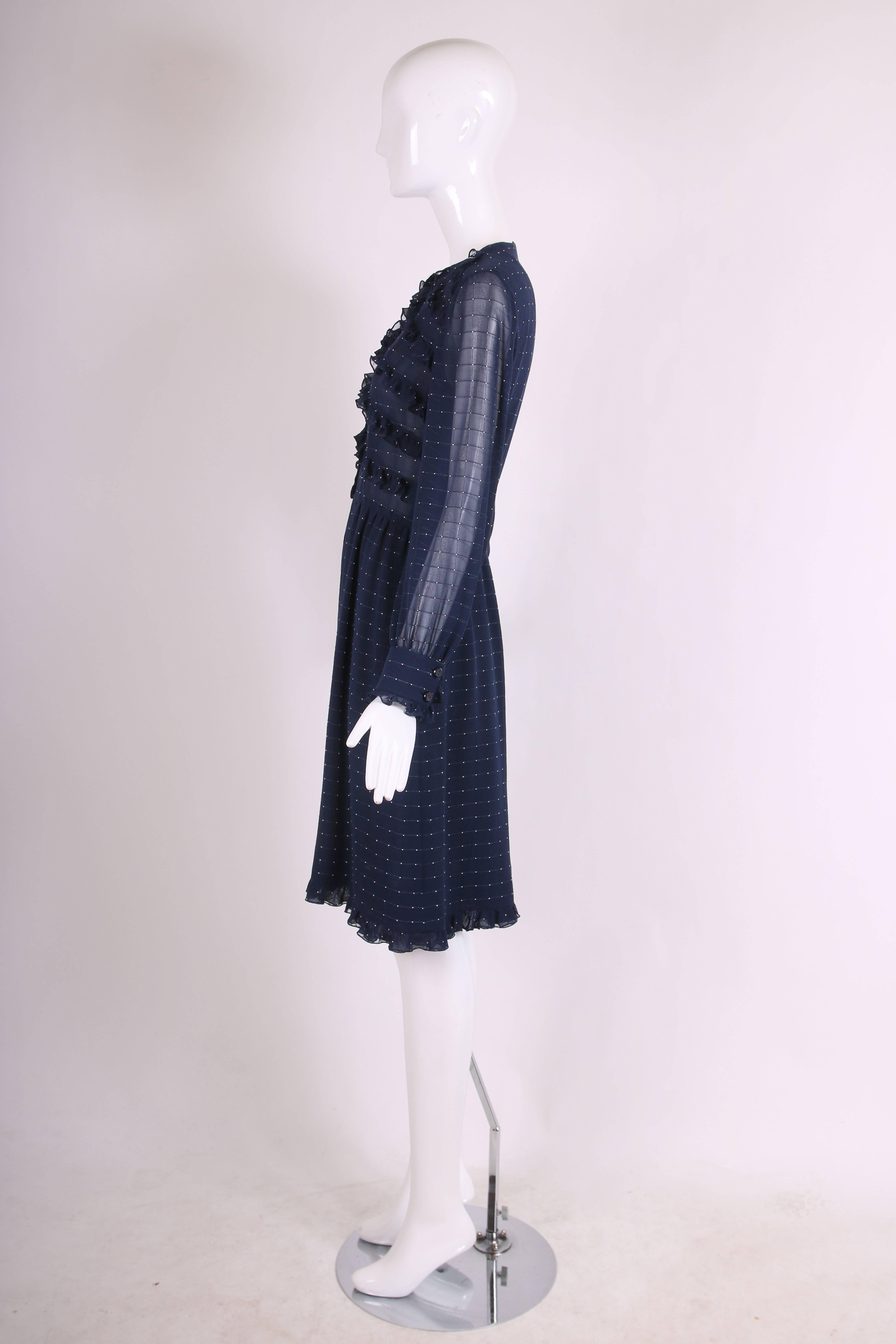 Valentino Haute Couture Navy Blue Silk Ruffle Trim Day Dress, 1970s  In Excellent Condition In Studio City, CA