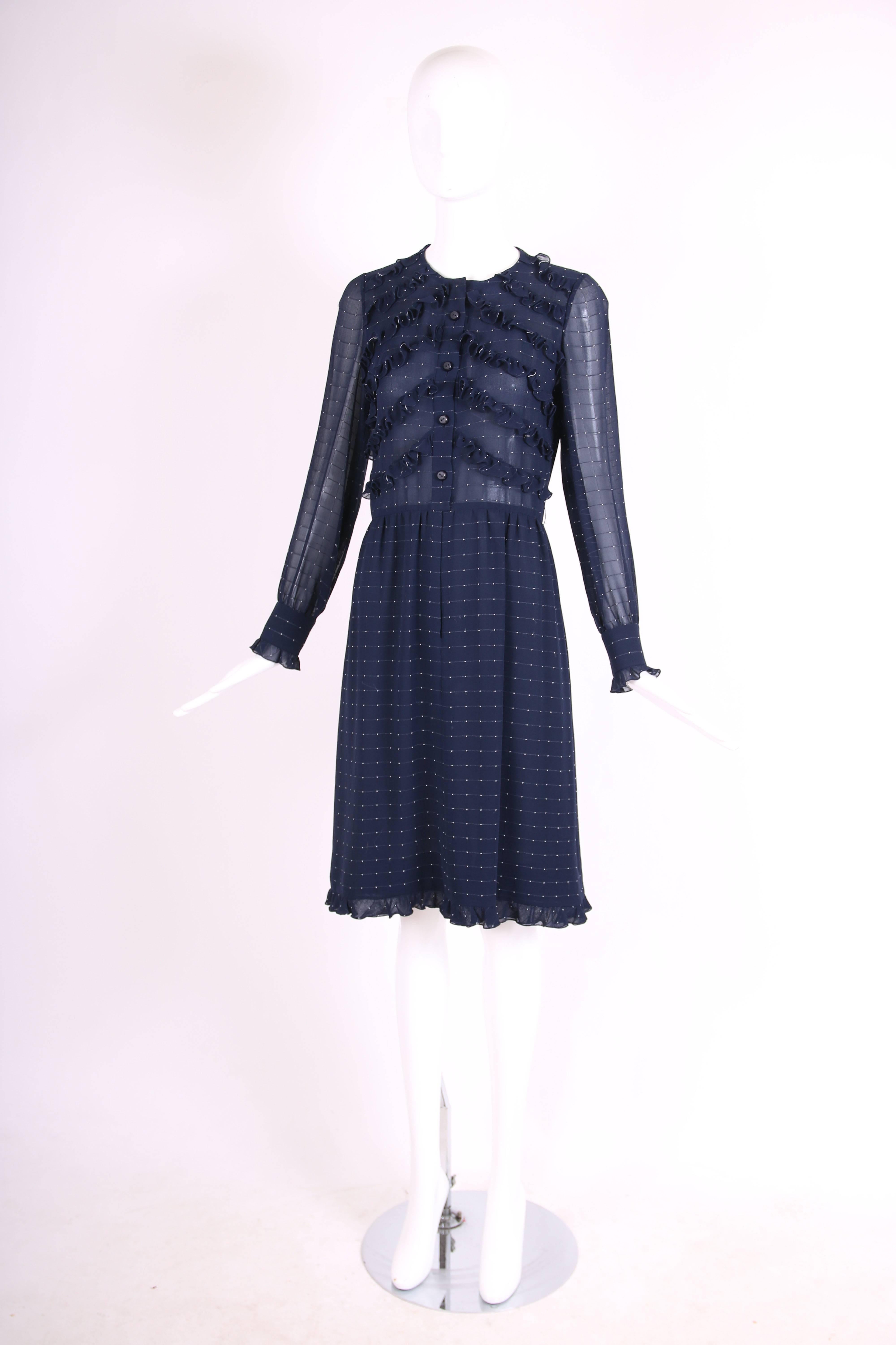 Black Valentino Haute Couture Navy Blue Silk Ruffle Trim Day Dress, 1970s 