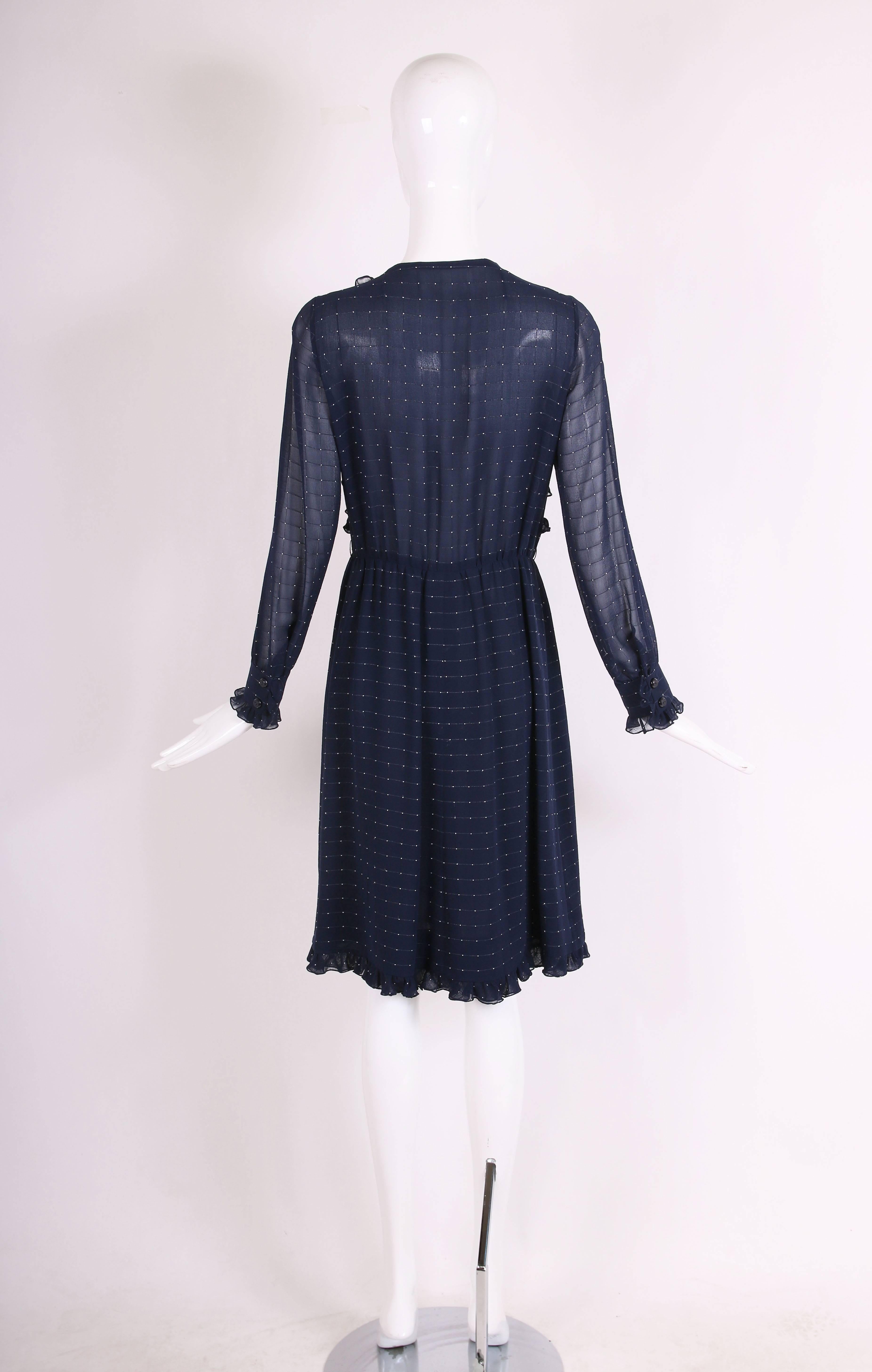 Women's Valentino Haute Couture Navy Blue Silk Ruffle Trim Day Dress, 1970s 