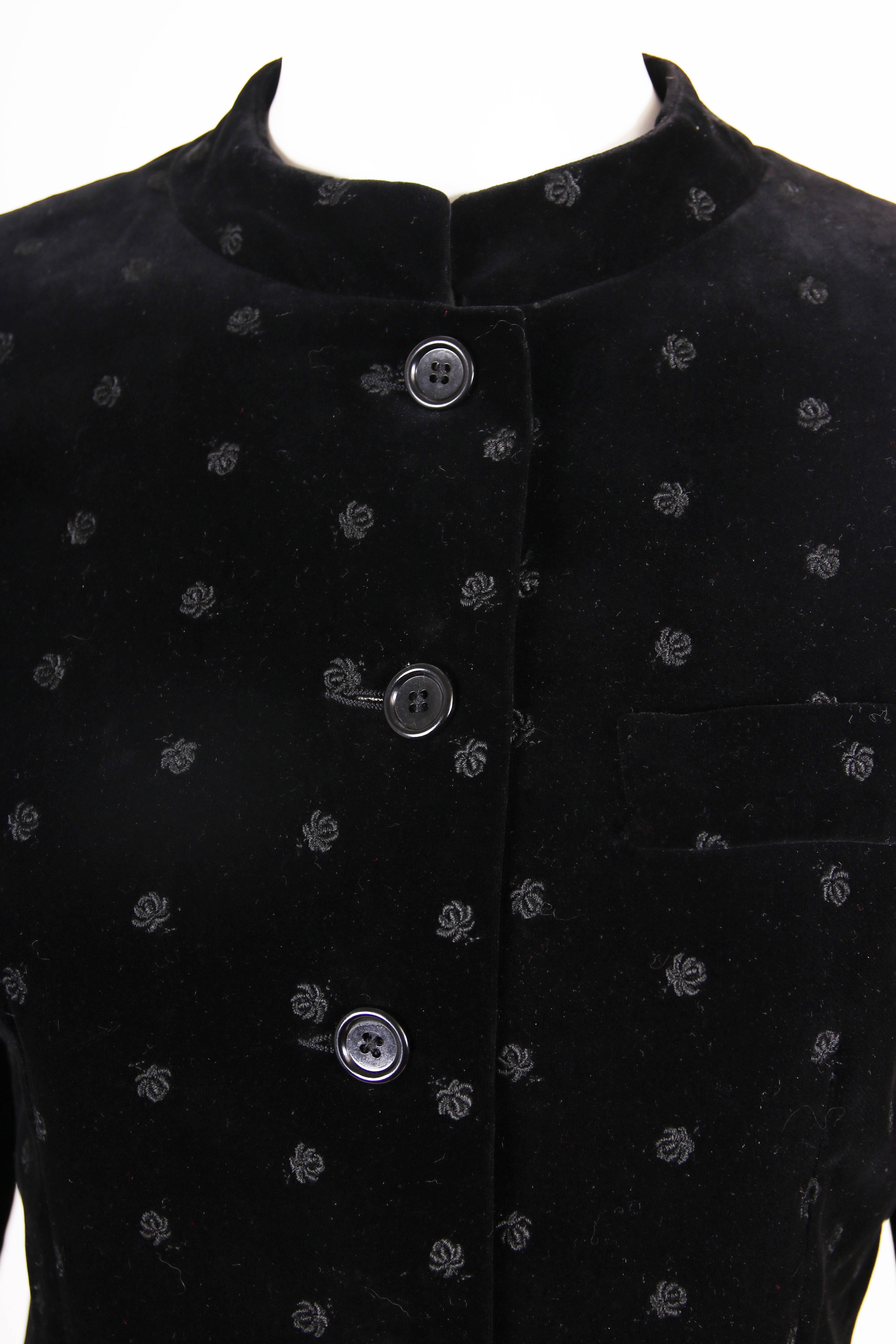 Yves Saint Laurent YSL Black Velvet Rose Print Jacket Blazer, 1970s  In Excellent Condition In Studio City, CA