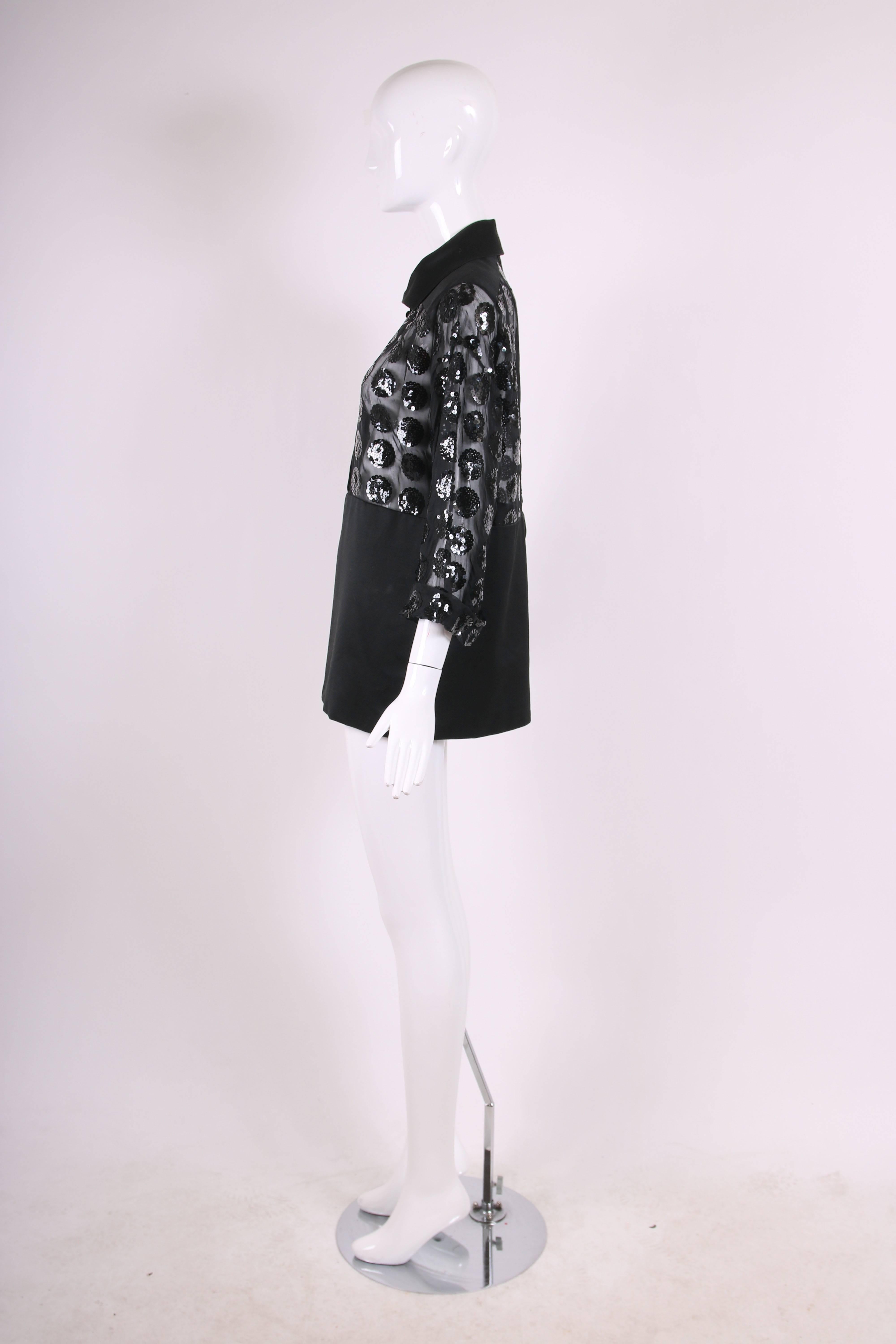 Women's Courreges Black Mini Dress with Sheer Bodice and Pattern of Circular Sequins