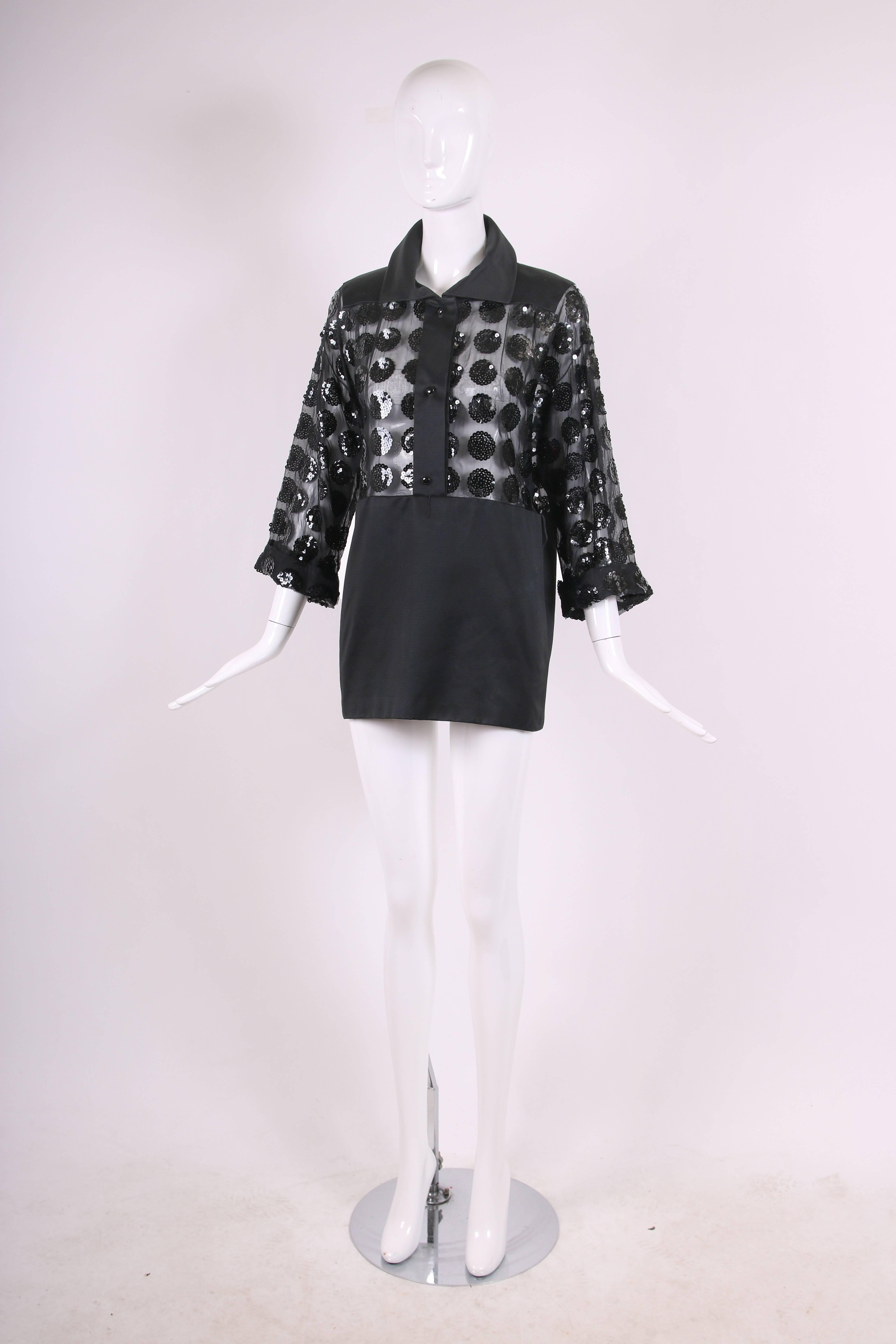 Courreges Black Mini Dress with Sheer Bodice and Pattern of Circular Sequins In Excellent Condition In Studio City, CA