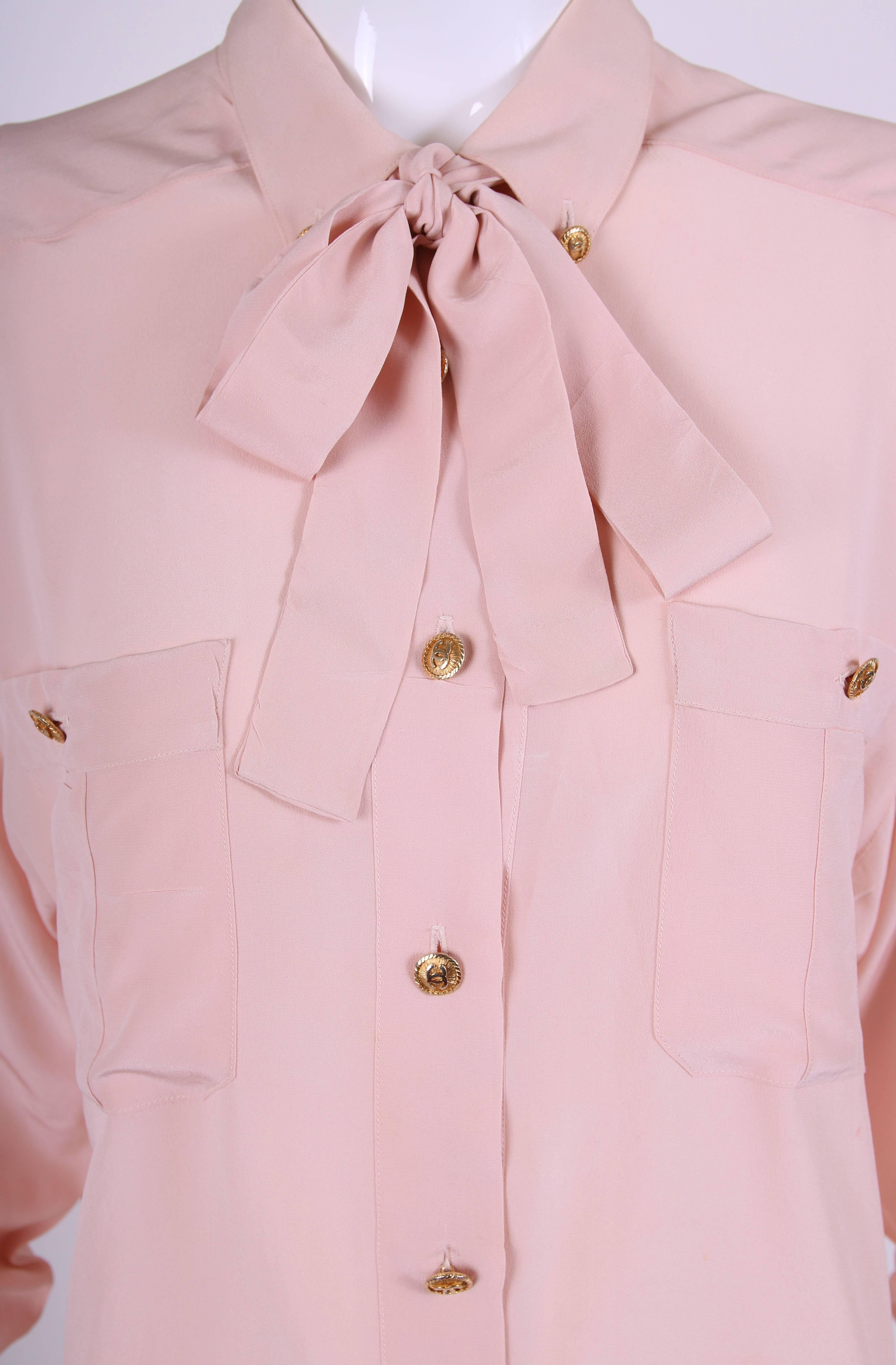 Beige Vintage Chanel Pale Pink Silk Blouse W/Gold-toned CC Logo Buttons