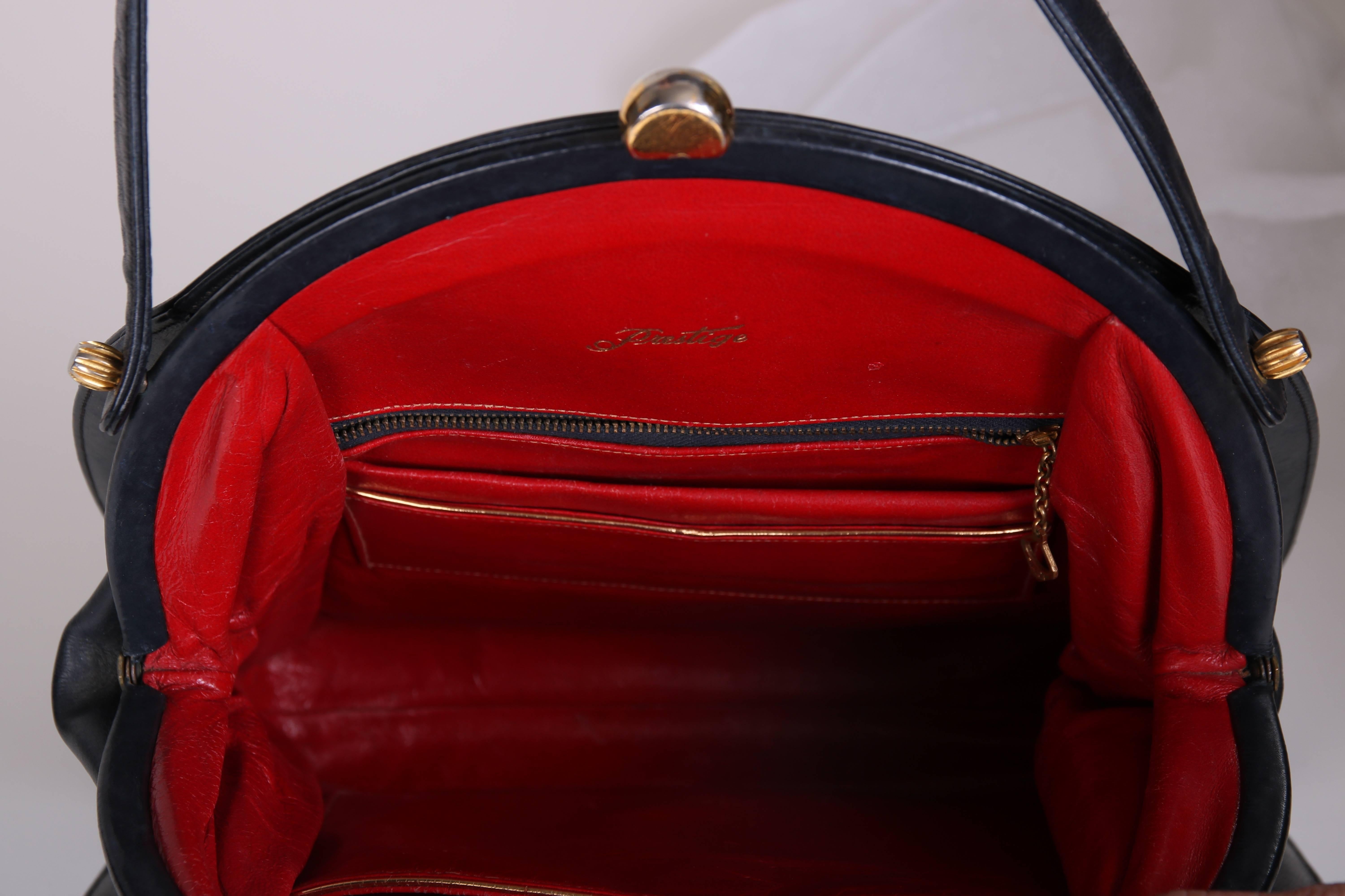 Prestige Black Leather Destination Arched Handbag with City Names, 1960s 2