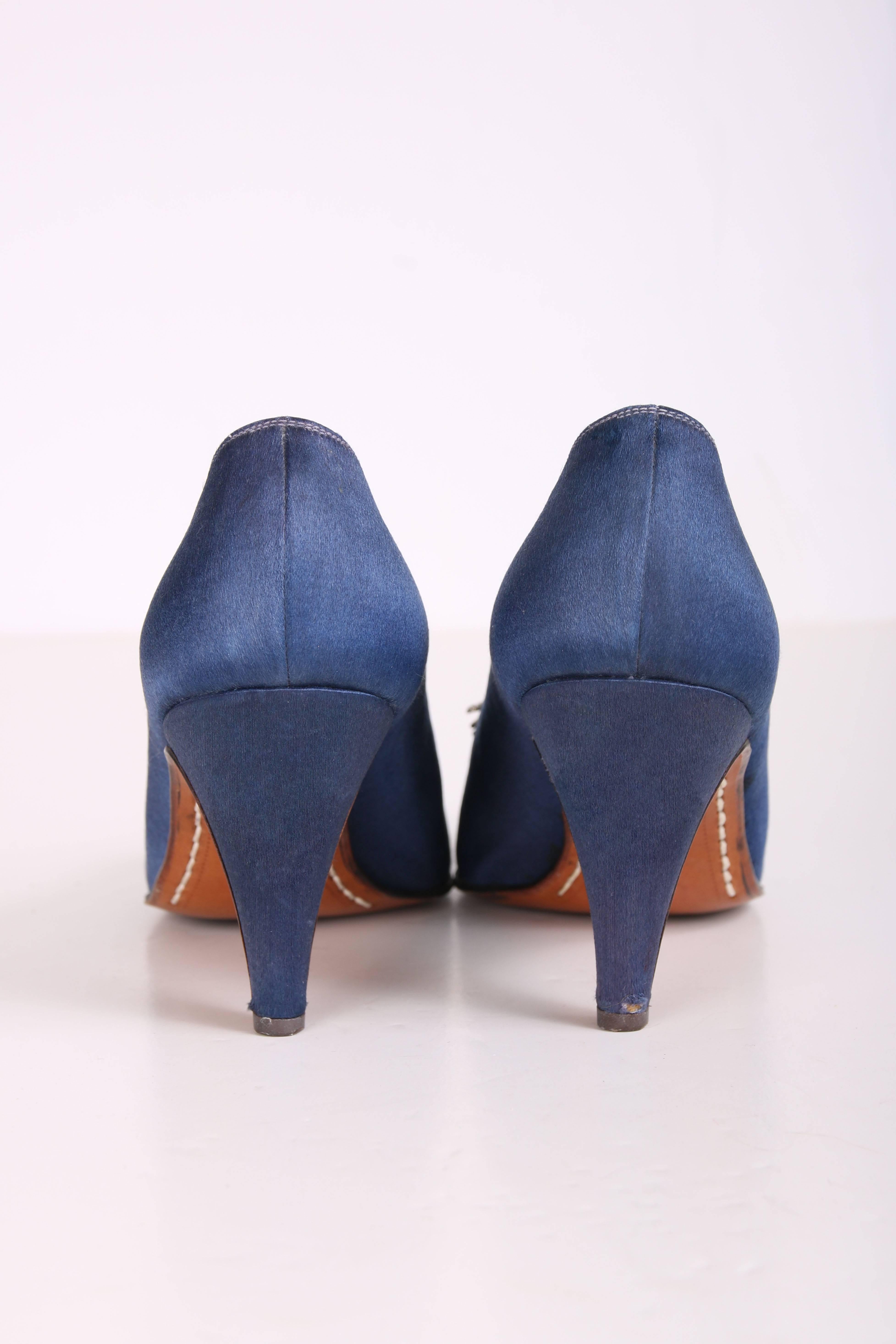 Gray Helene Arpels Custom Blue Silk Pumps with Jeweled Adornment at Toe