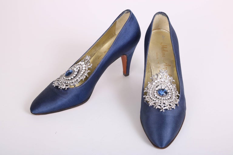 Helene Arpels Custom Blue Silk Pumps with Jeweled