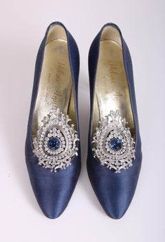 Helene Arpels Custom Blue Silk Pumps with Jeweled Adornment at Toe