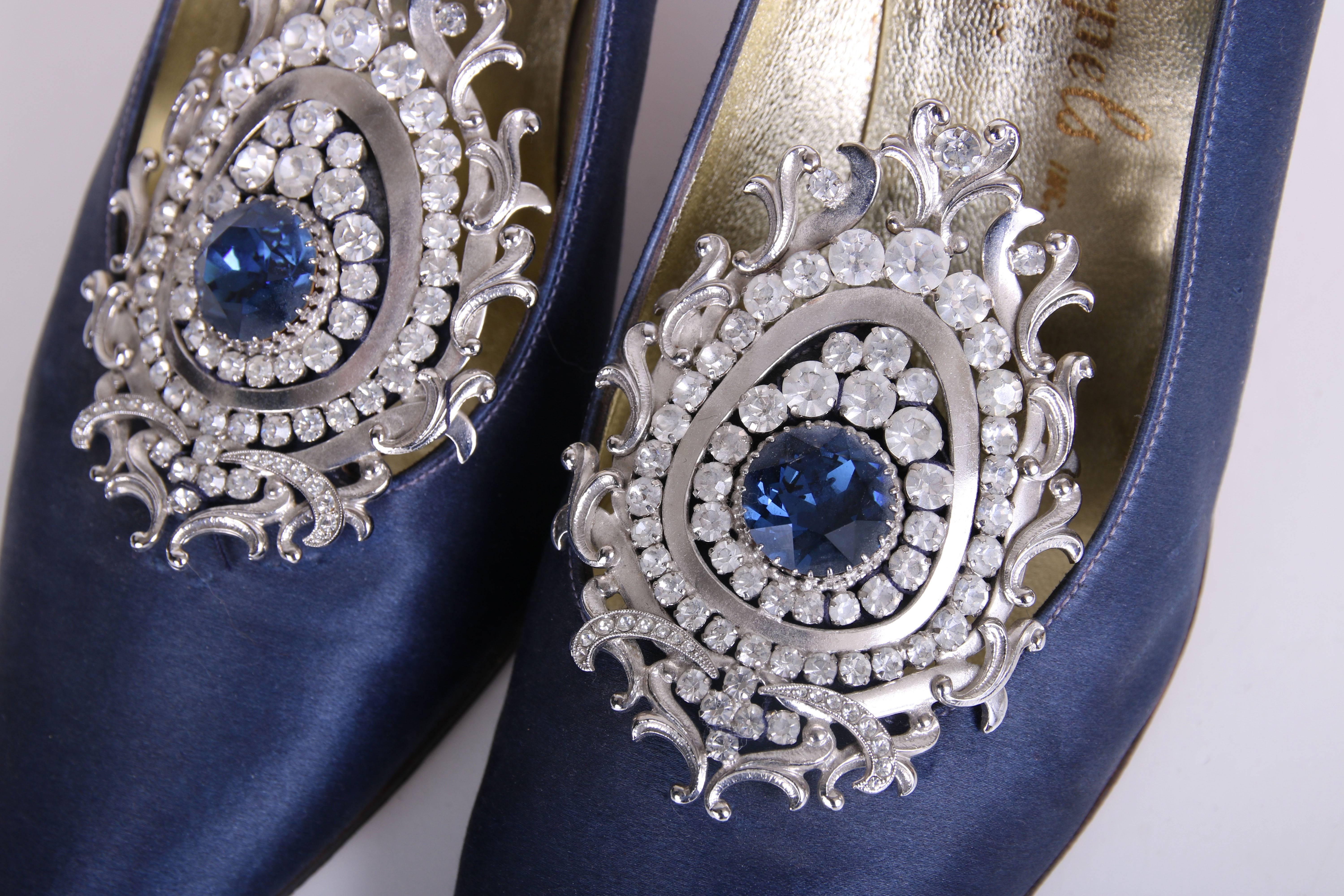 Helene Arpels Custom Blue Silk Pumps with Jeweled Adornment at Toe In Excellent Condition In Studio City, CA