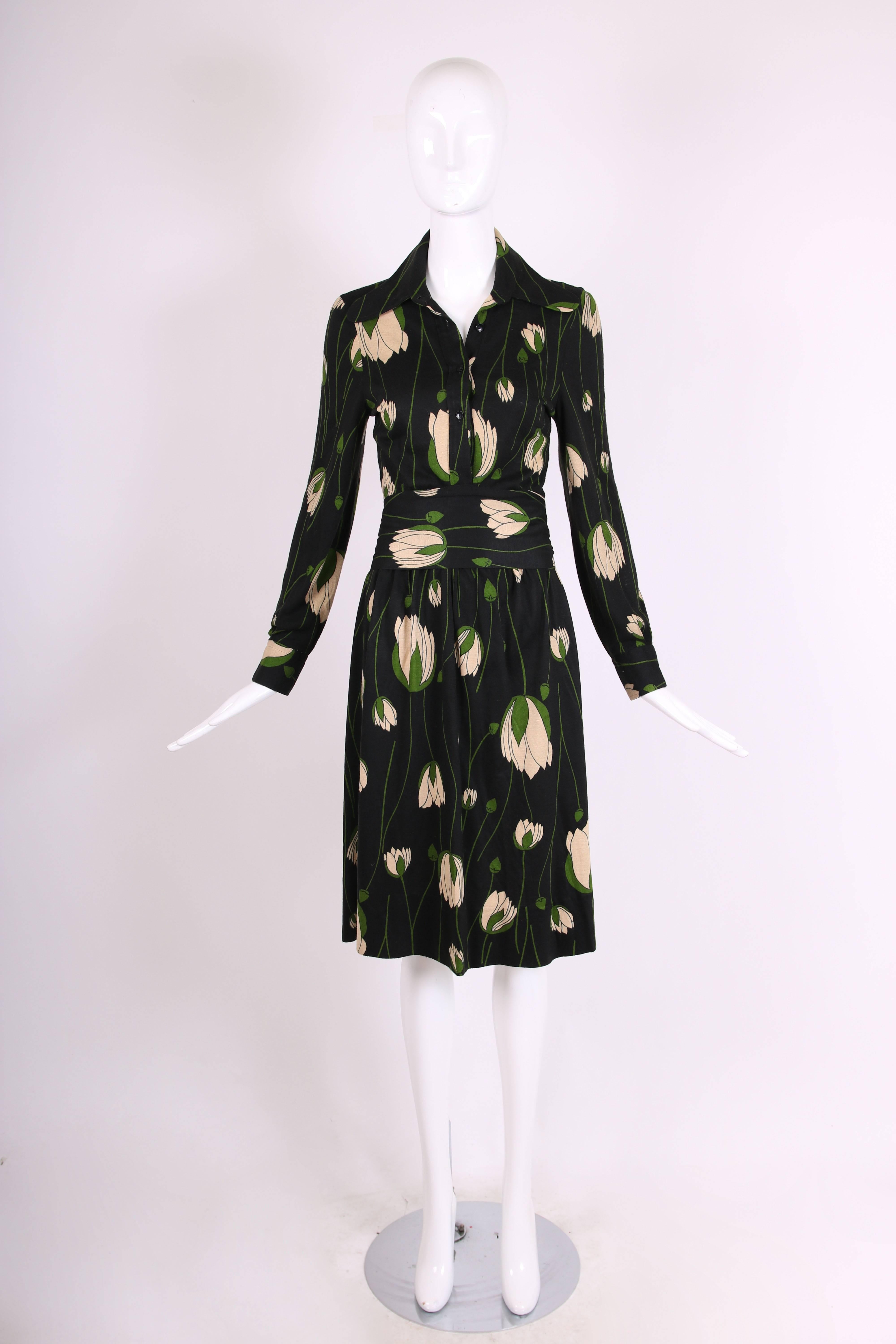 Women's Diane Von Furstenberg Black Tulip Print Dress with Wrap Waist Ties, 1970s 