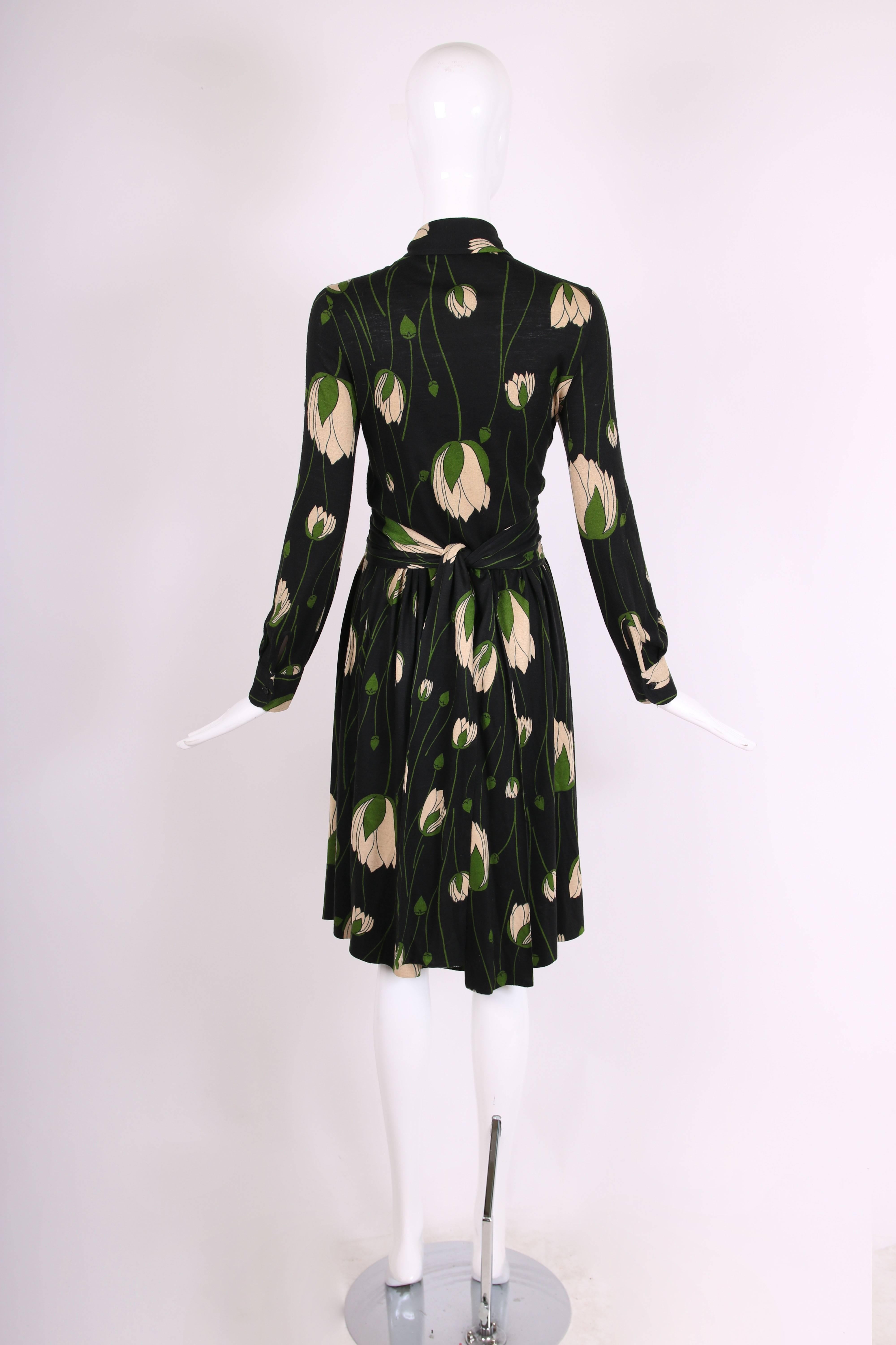 Diane Von Furstenberg Black Tulip Print Dress with Wrap Waist Ties, 1970s  2
