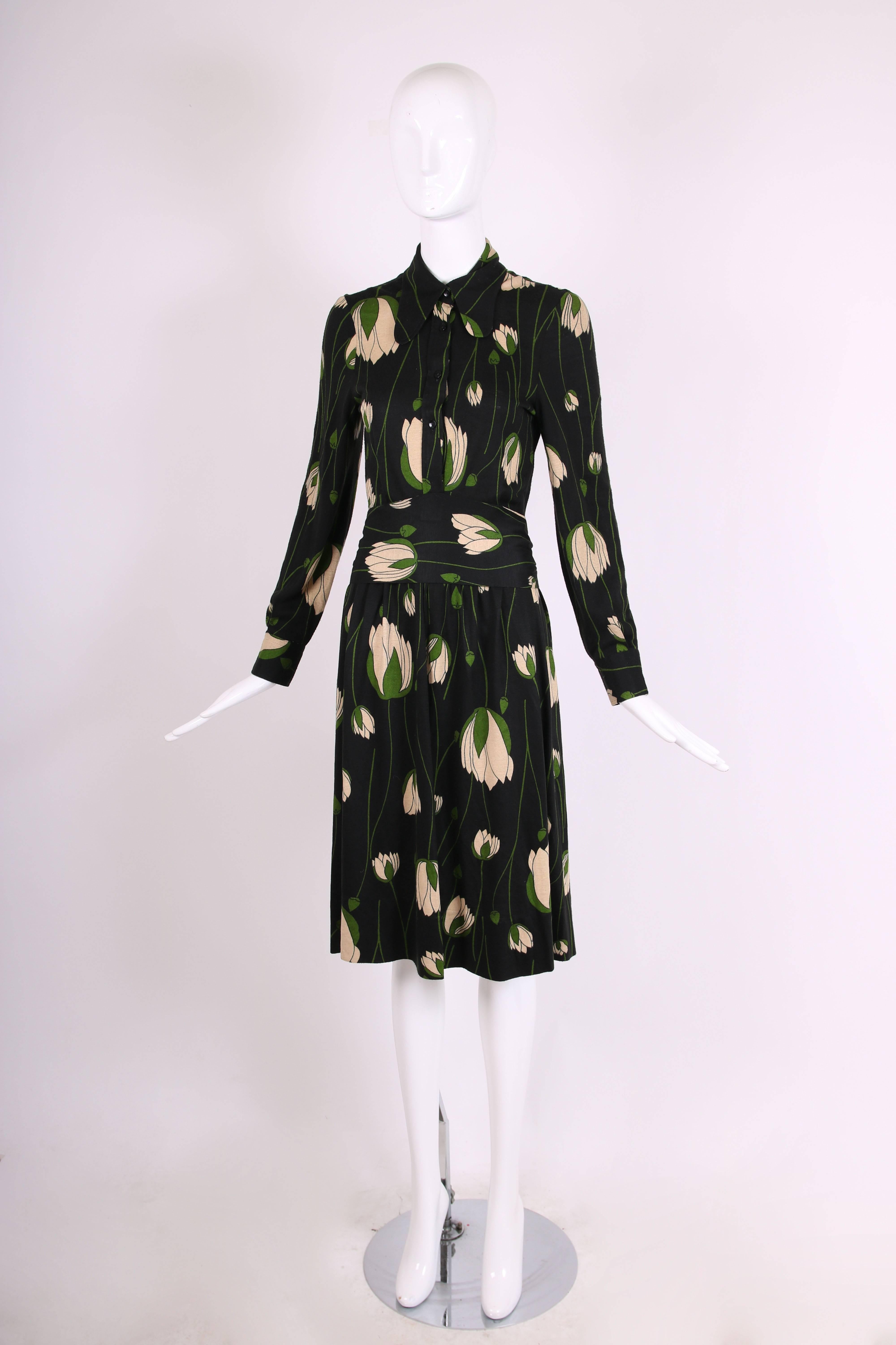 Diane Von Furstenberg Black Tulip Print Dress with Wrap Waist Ties, 1970s  In Excellent Condition In Studio City, CA