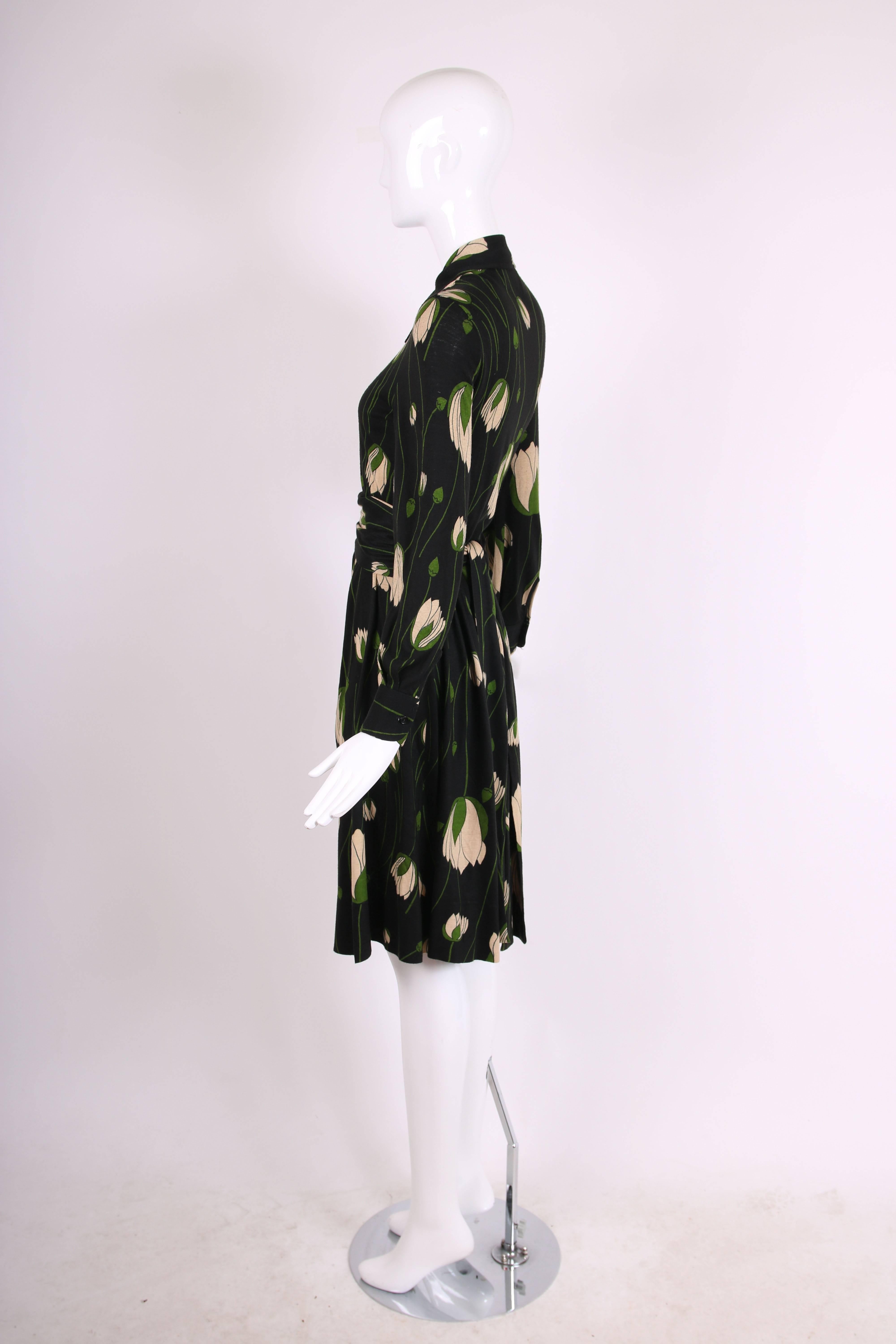 Diane Von Furstenberg Black Tulip Print Dress with Wrap Waist Ties, 1970s  1