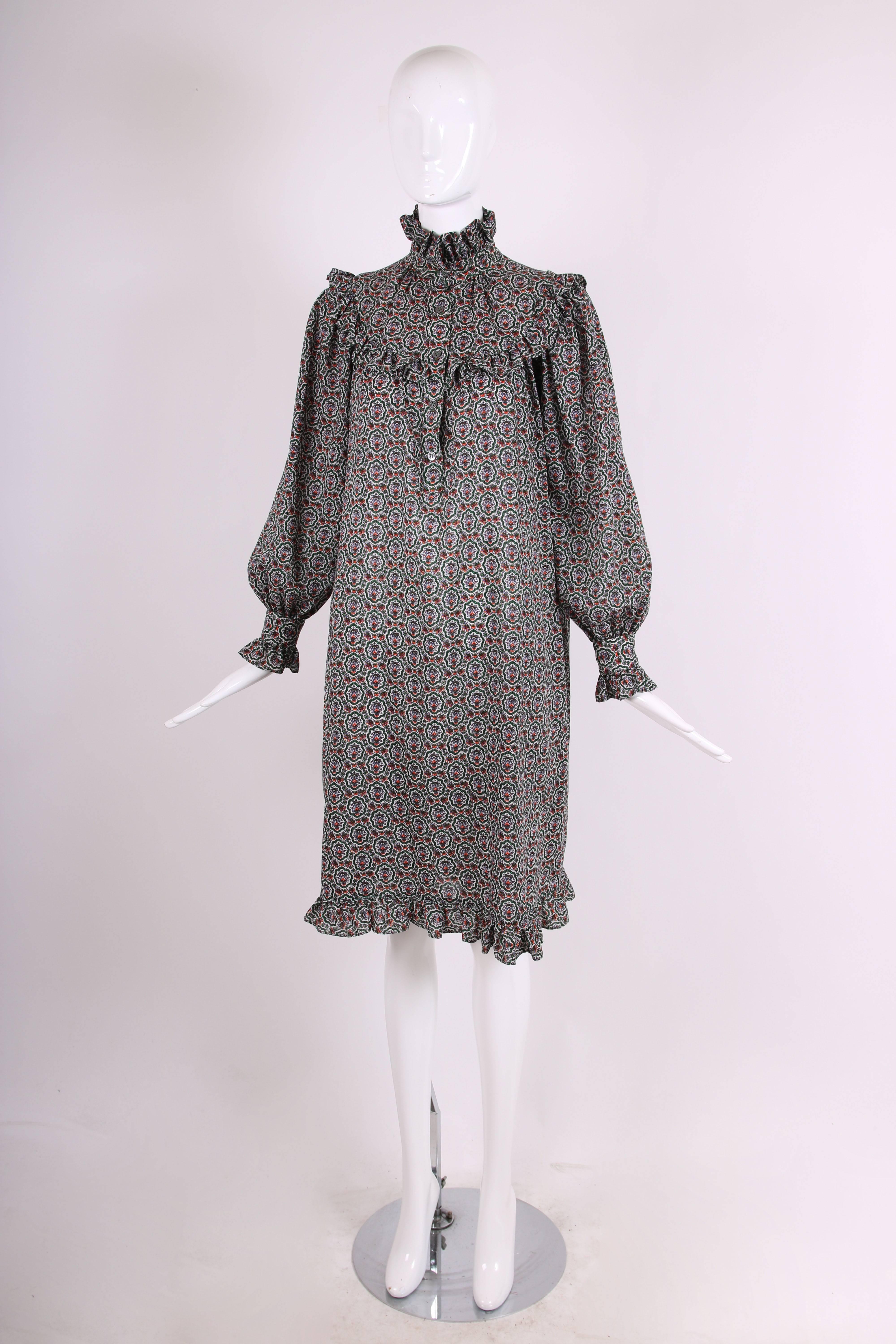 Gray 1970's Yves Saint Laurent YSL Printed Peasant Style Smock Dress w/Ruffle Trim