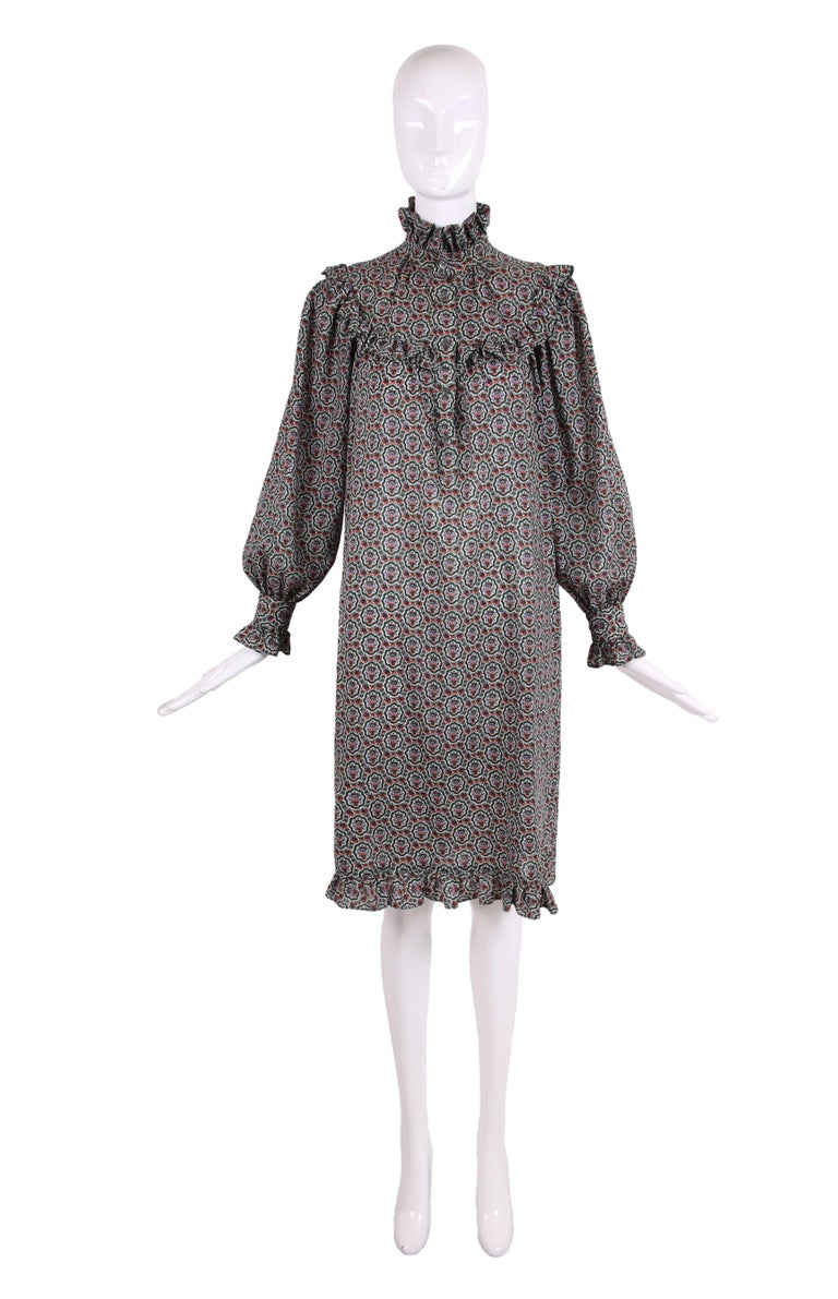 1970's Yves Saint Laurent YSL Printed Peasant Style Smock Dress w ...