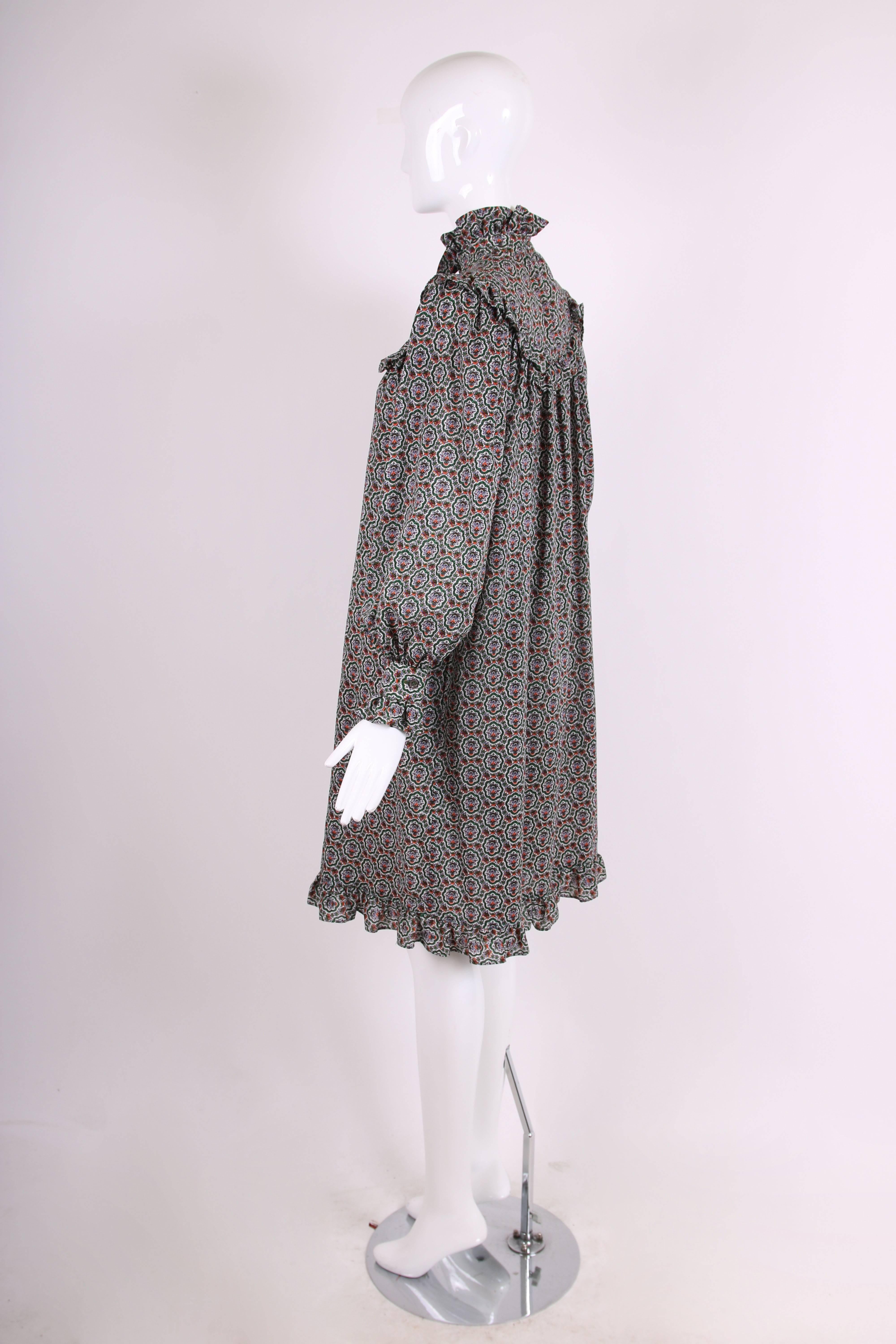 1970's Yves Saint Laurent YSL Printed Peasant Style Smock Dress w/Ruffle Trim In Excellent Condition In Studio City, CA