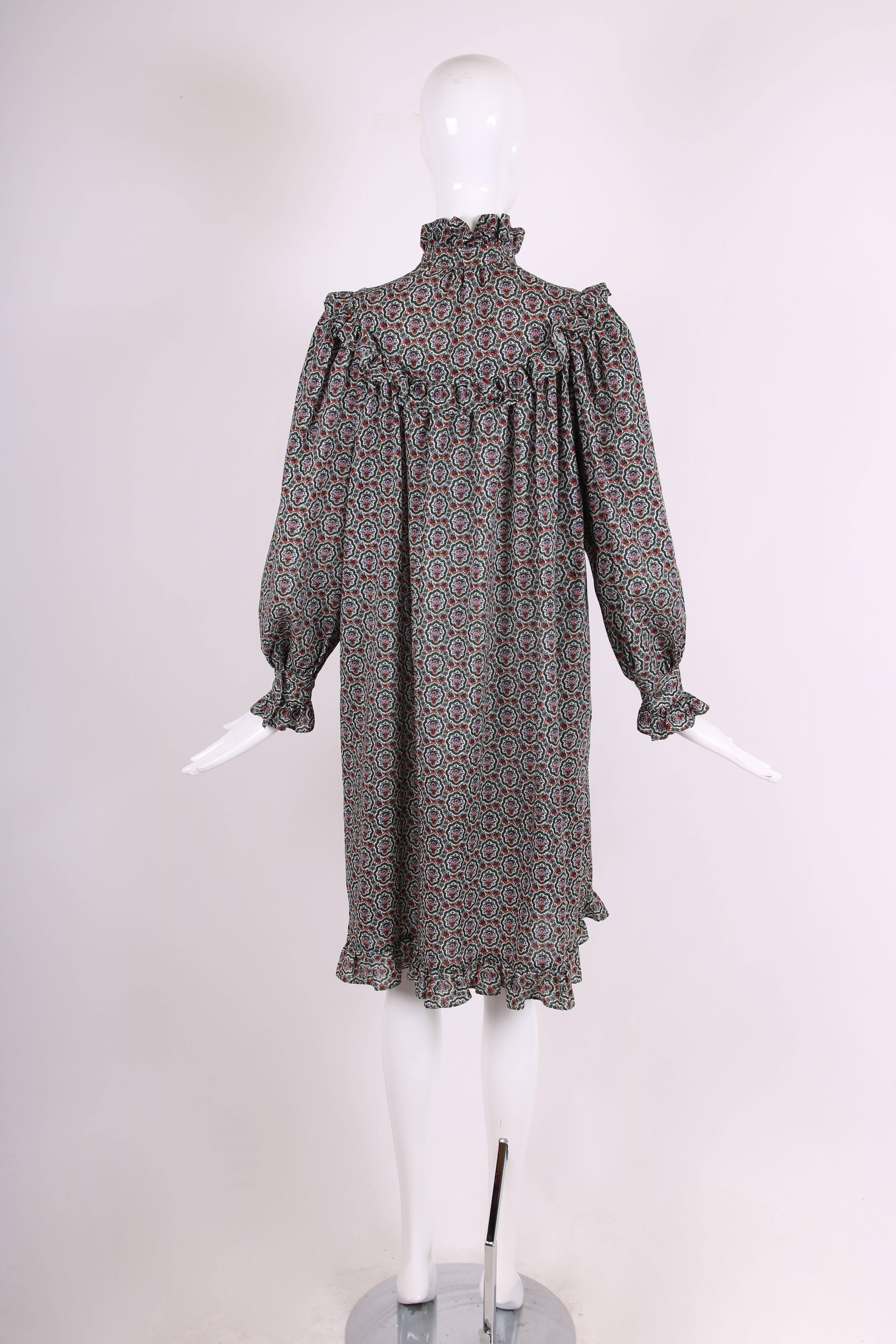 Women's 1970's Yves Saint Laurent YSL Printed Peasant Style Smock Dress w/Ruffle Trim
