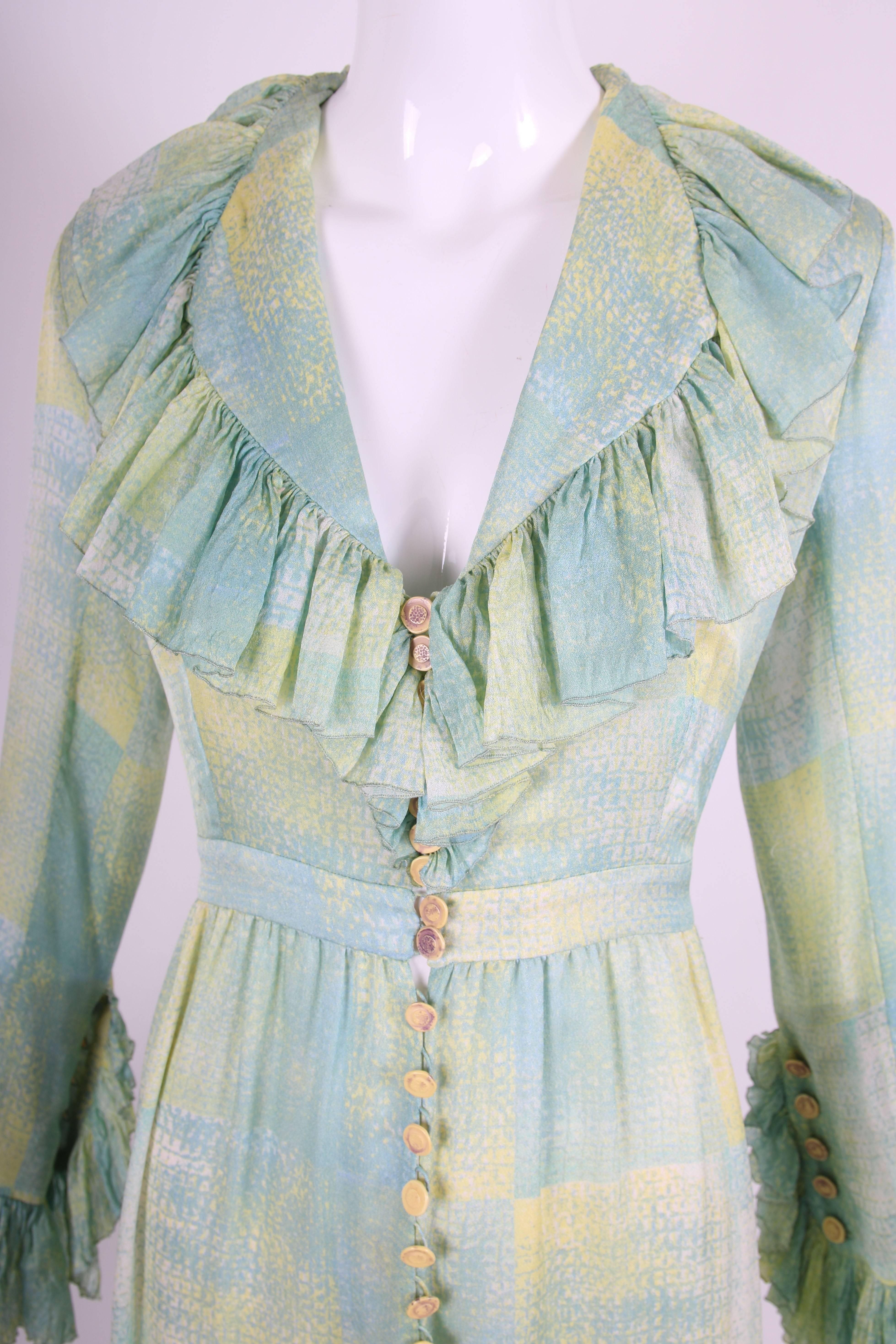 1970's Chloe Abstract Print Silk Day Dress w/Deep V-Neckline & Ruffled Trim 1