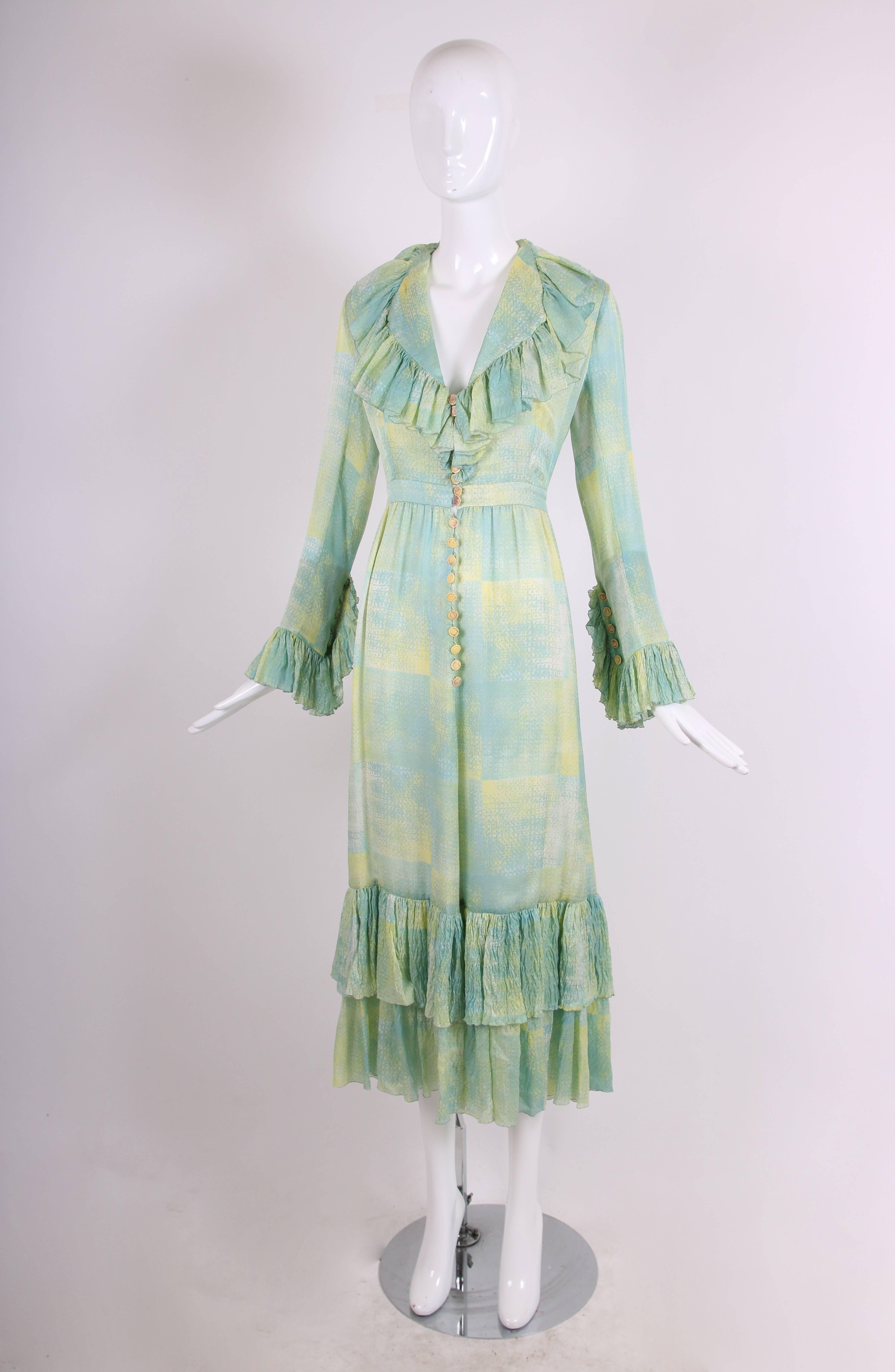 Gray 1970's Chloe Abstract Print Silk Day Dress w/Deep V-Neckline & Ruffled Trim