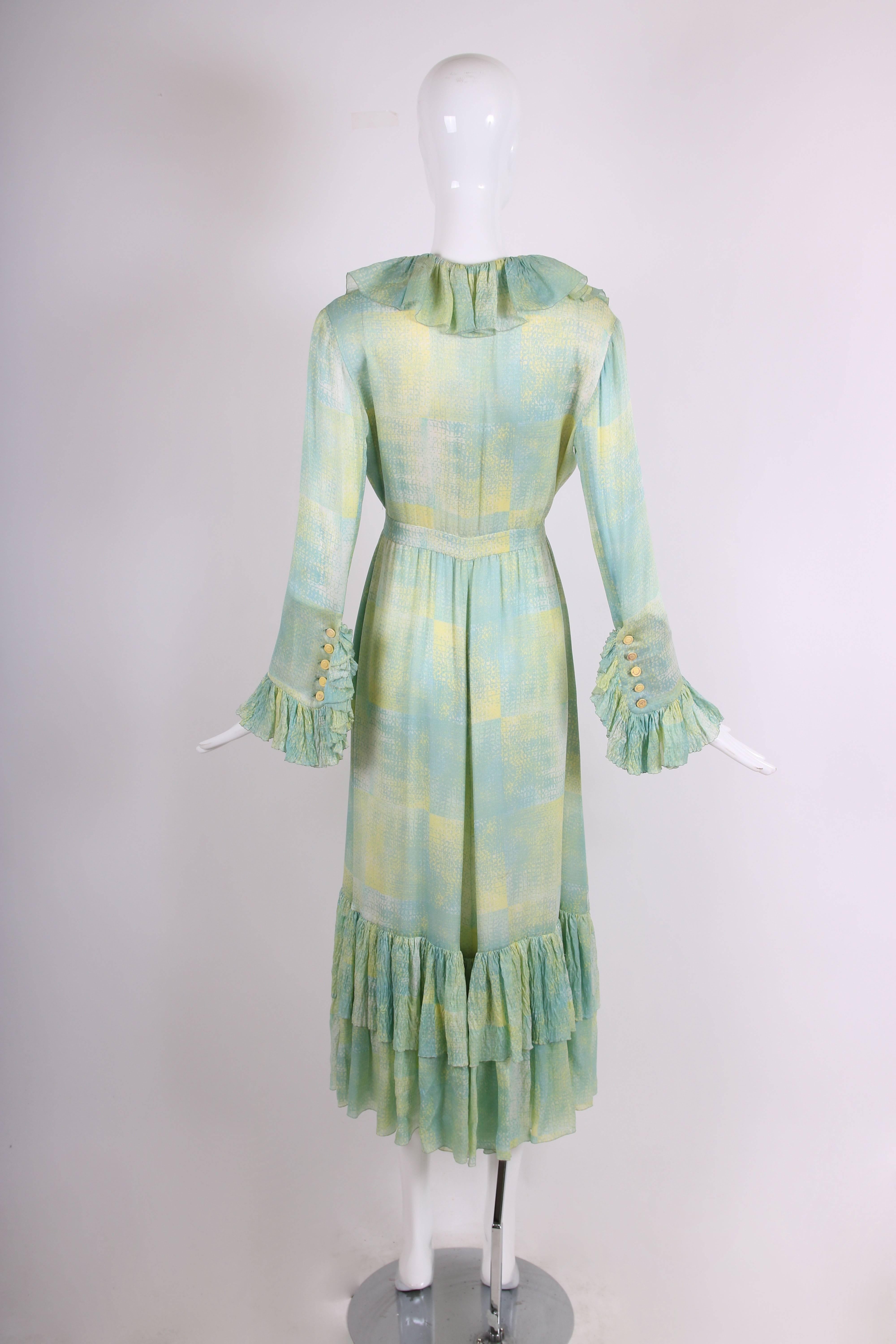 Women's 1970's Chloe Abstract Print Silk Day Dress w/Deep V-Neckline & Ruffled Trim
