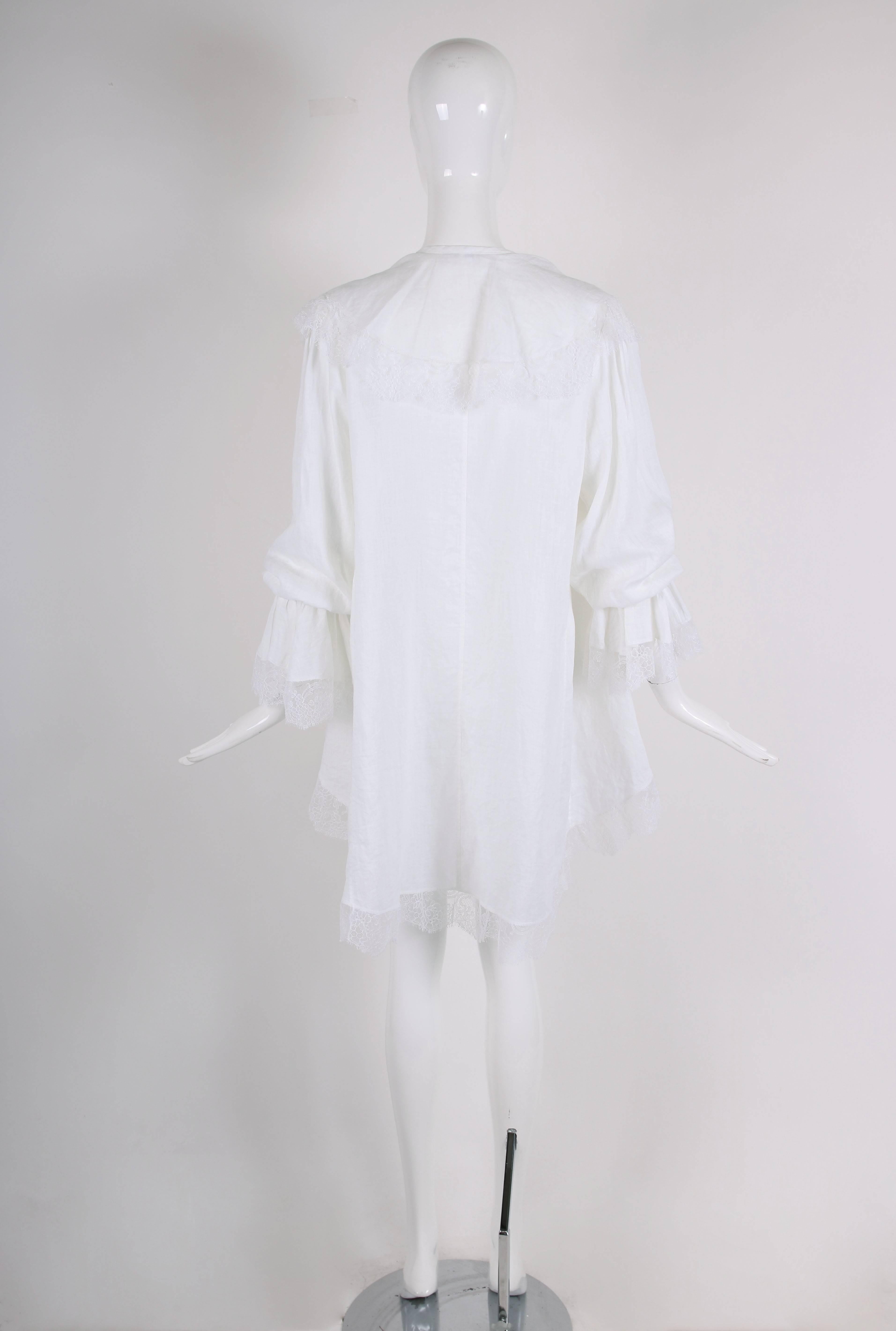 Gray Yves Saint Laurent YSL White Linen Poet Blouse with Open Front and Lace Trim For Sale
