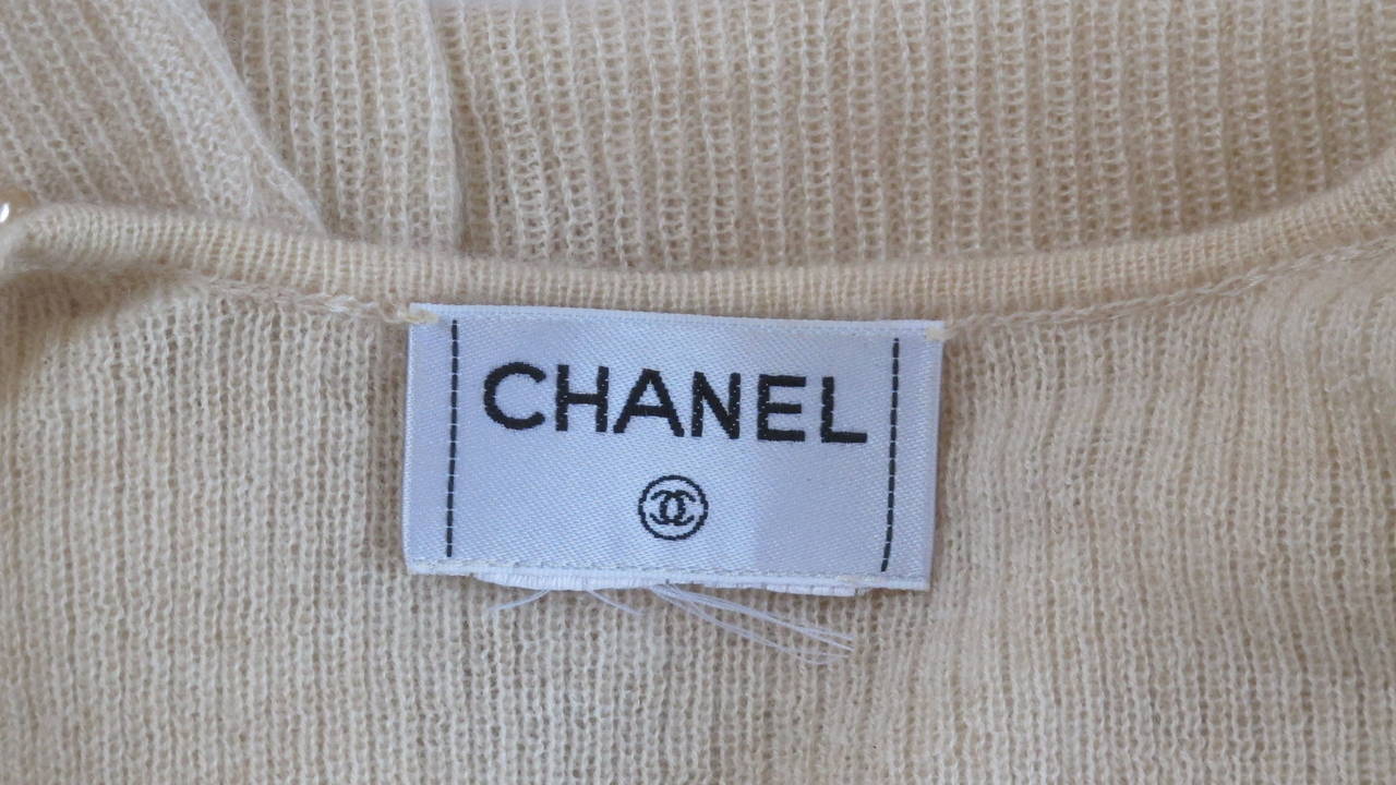 Chanel 100% Cashmere Ribbed Sweater Top w/Baroque Pearl Neckline Detail 1