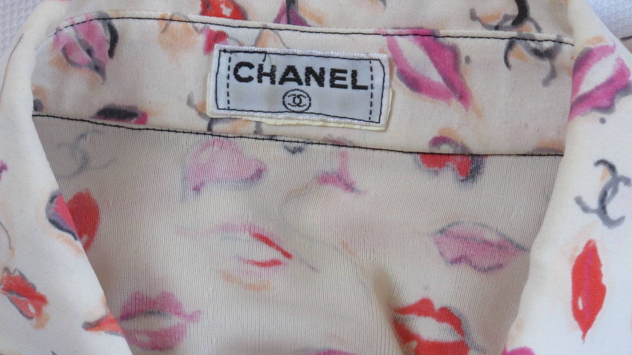 Iconic Chanel Lips, Heart & “Coco” Print Blouse Top w/CC Logo Buttons 2