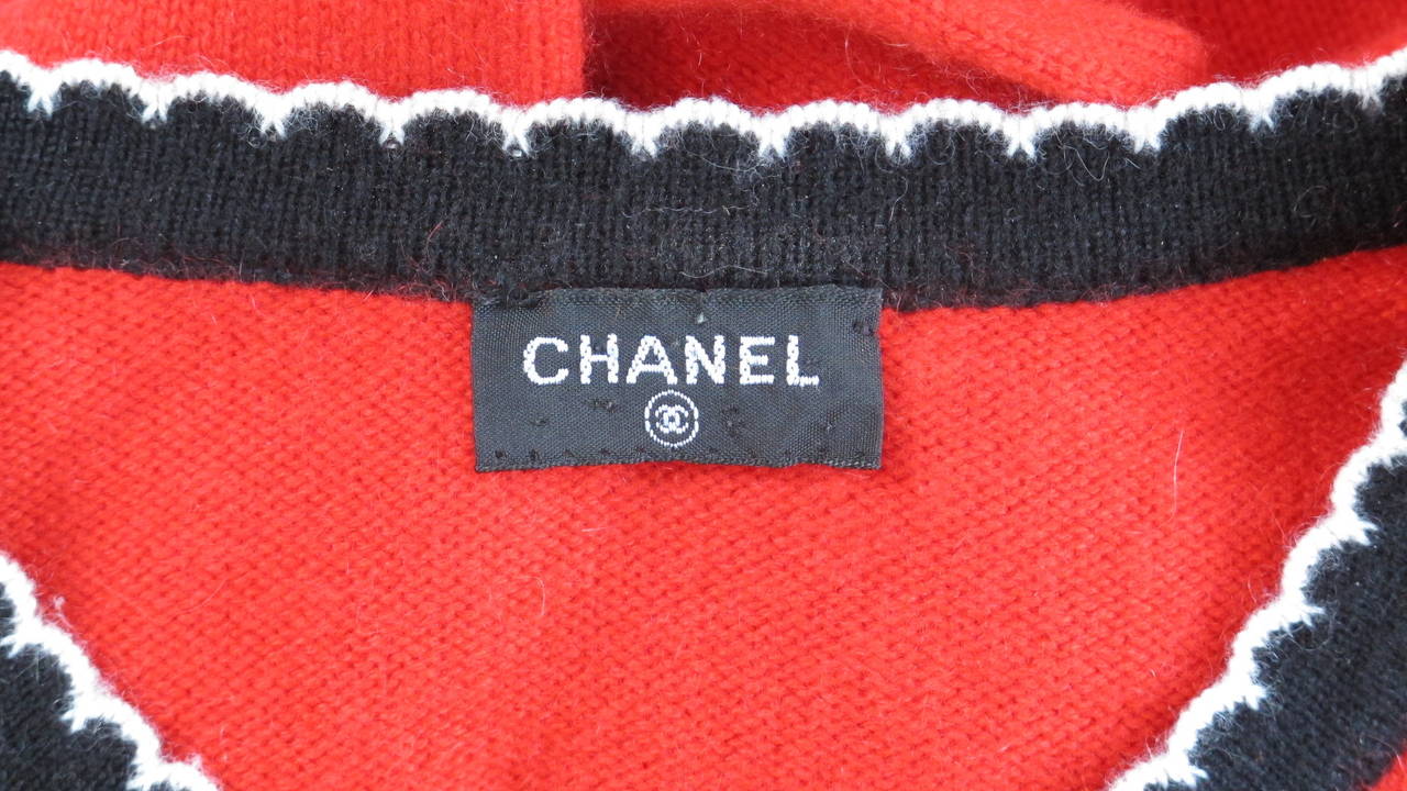 Chanel Red Cashmere Twinset w/Black & White Trim & CC Logo Buttons 2
