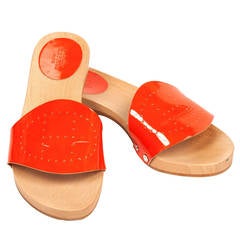 Hermes Patent Leather Perforated "H" Wooden Slide Sandals SZ 38