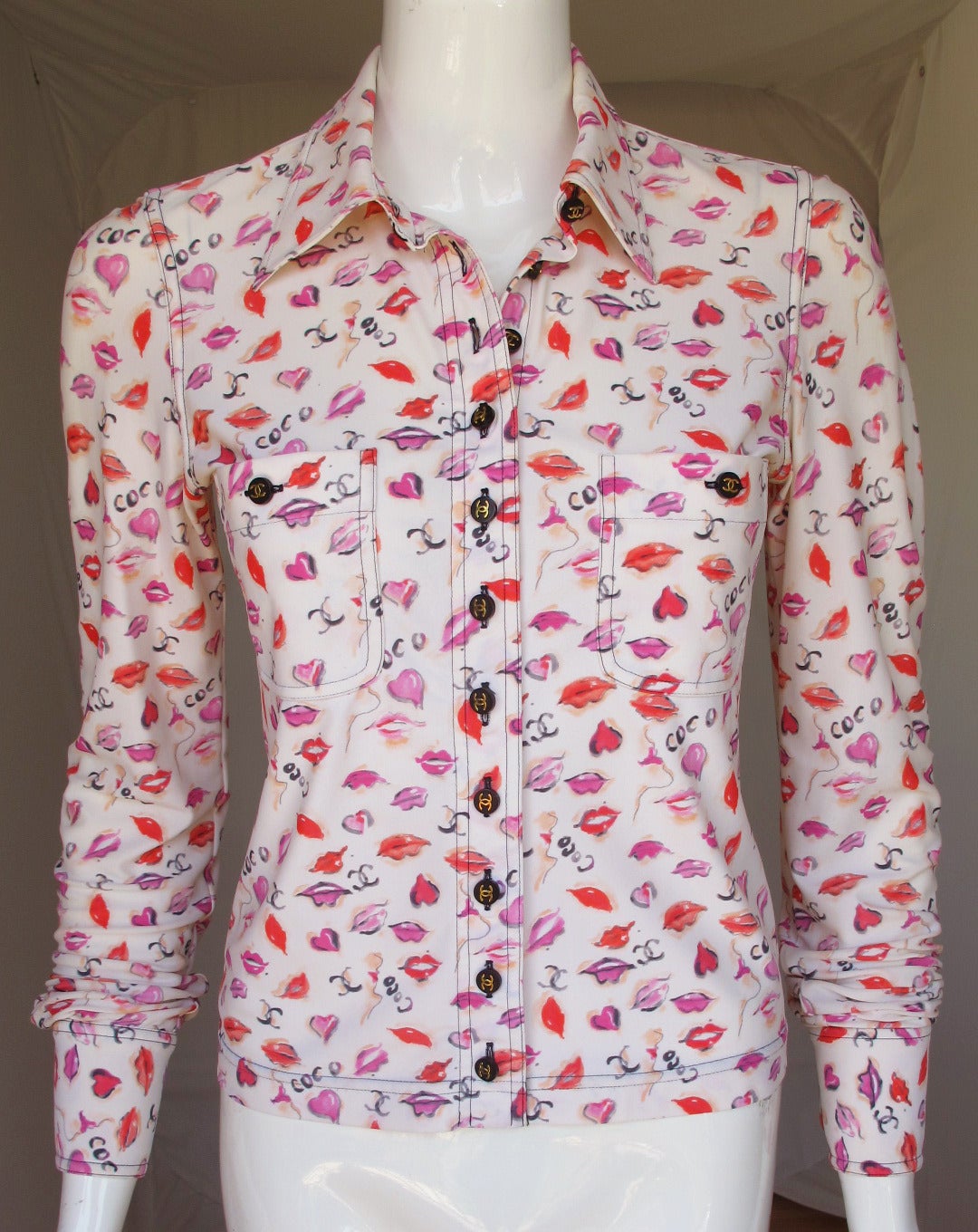 Iconic Chanel Lips, Heart and “Coco” Print Blouse Top w/CC Logo Buttons ...