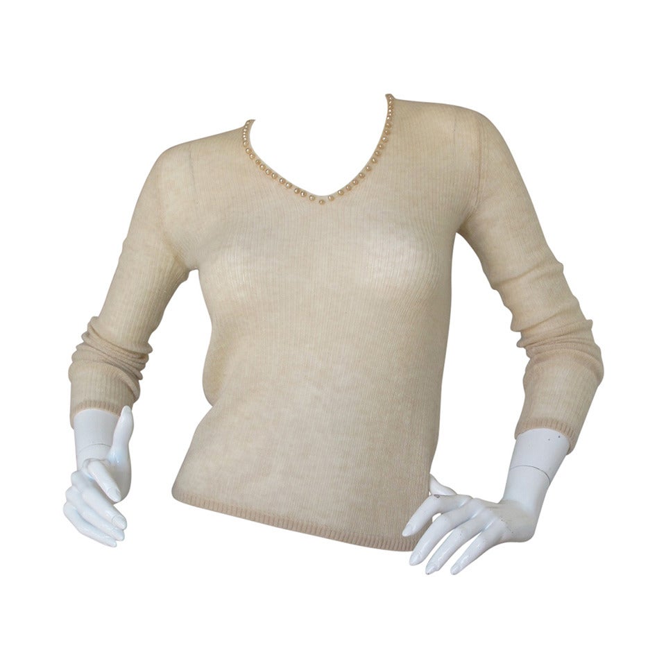 Chanel 100% Cashmere Ribbed Sweater Top w/Baroque Pearl Neckline Detail