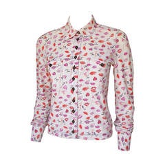 Iconic Chanel Lips, Heart & “Coco” Print Blouse Top w/CC Logo Buttons