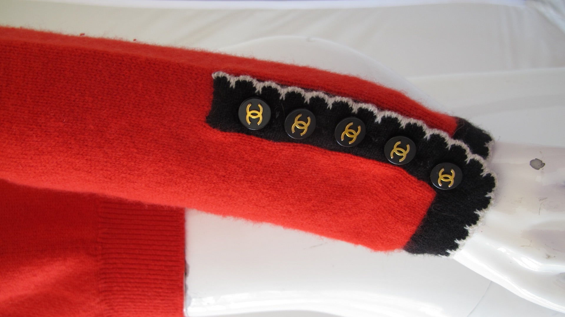 Chanel Red Cashmere Twinset w/Black & White Trim & CC Logo Buttons 1