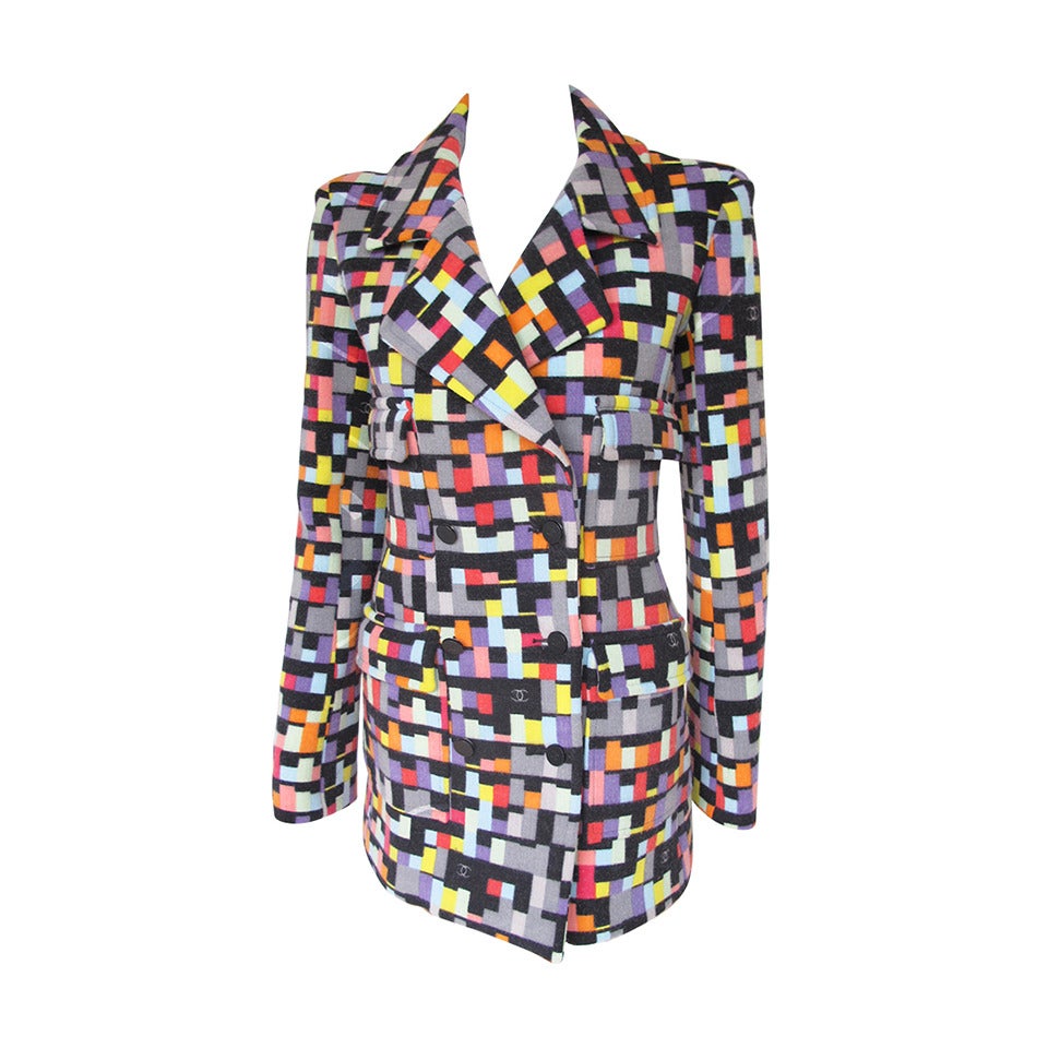 01A Chanel Double-Breasted Geometric Print Jacket Coat
