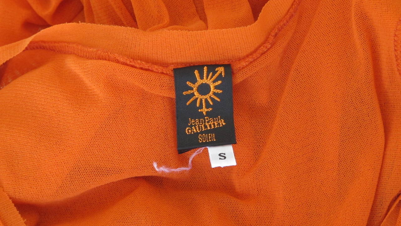 Jean Paul Gaultier Orange Sheer Dress w/Deep V-Neckline & Ruched Waistline In Good Condition For Sale In Studio City, CA