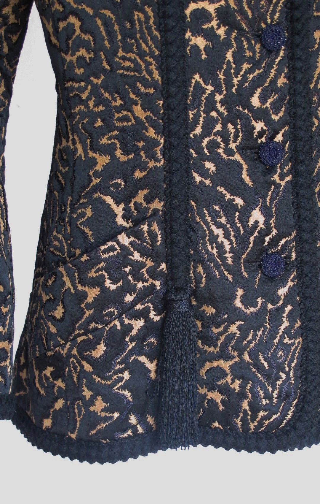 Black Yves Saint Laurent Silk Brocade Printed Evening Jacket w/Braid & Tassel Trim