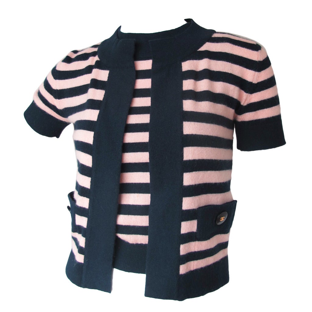 97C Chanel 100% Cashmere Striped Sweater Cardigan Twinset