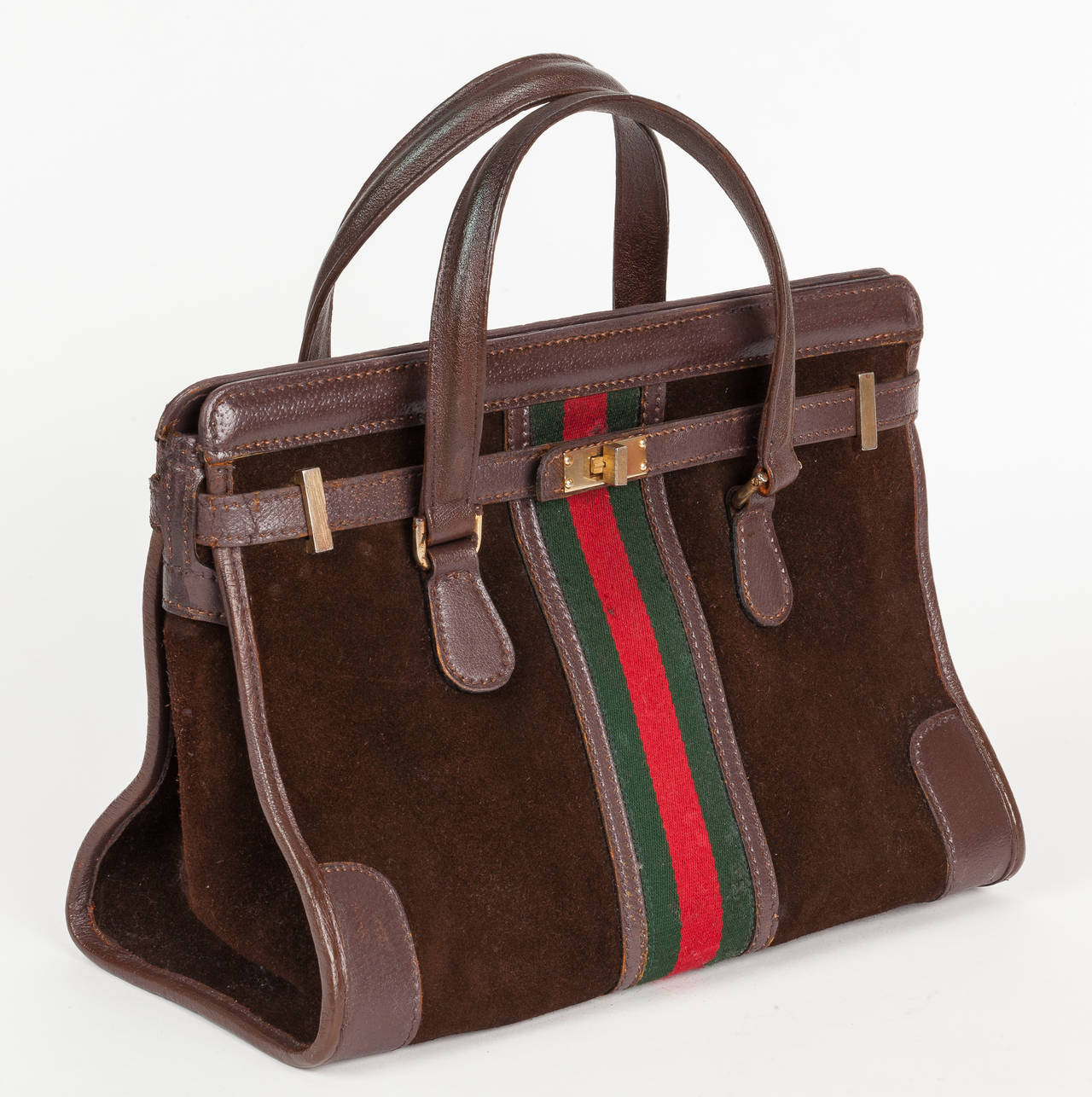 Rare 1970s Gucci Brown Suede Doctor's Bag Handbag w/Iconic Gucci Racer Stripe In Good Condition In Studio City, CA