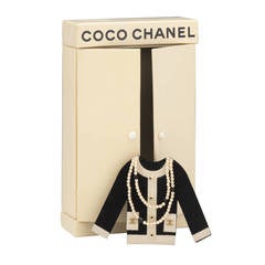 02A Chanel Miniature CC Logo Jacket & Pearls Brooch w/Miniature Wardrobe Box