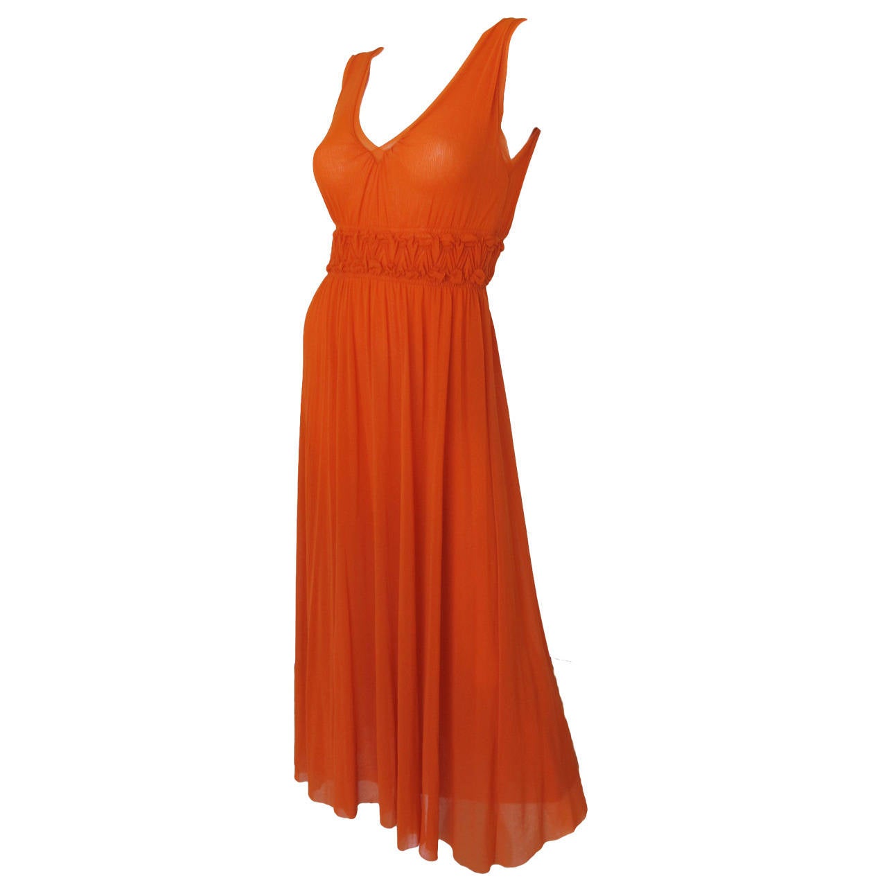 Jean Paul Gaultier Orange Sheer Dress w/Deep V-Neckline & Ruched Waistline For Sale