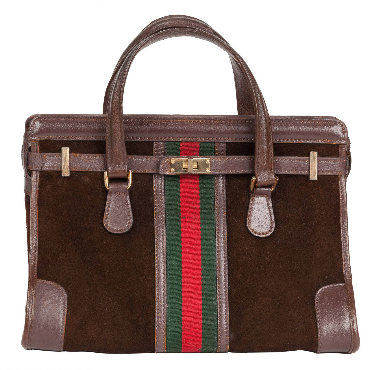 Rare 1970s Gucci Brown Suede Doctor's Bag Handbag w/Iconic Gucci Racer Stripe