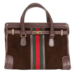 Rare 1970s Gucci Brown Suede Doctor's Bag Handbag w/Iconic Gucci Racer Stripe