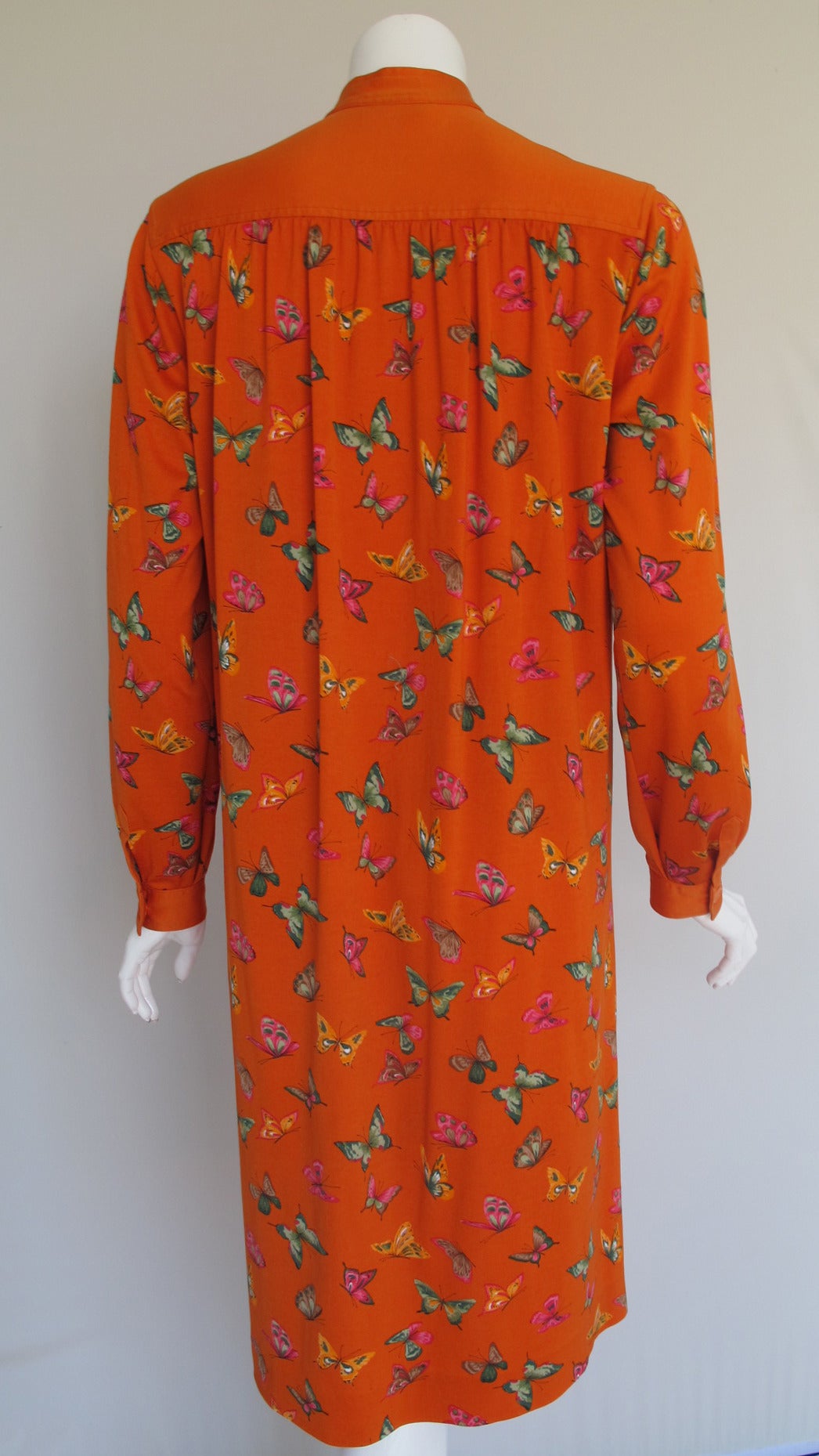 1970s Gucci Cotton Shirt Dress in Orange w/Butterfly Print 2