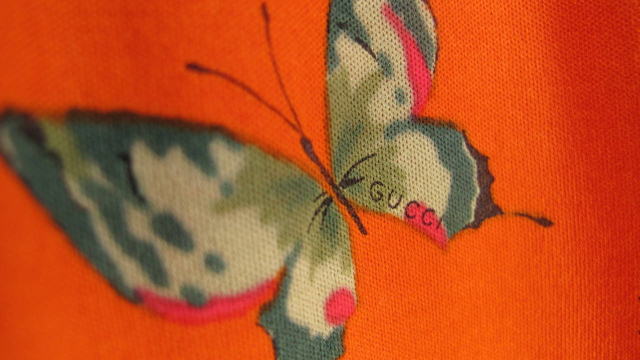 Women's 1970s Gucci Cotton Shirt Dress in Orange w/Butterfly Print