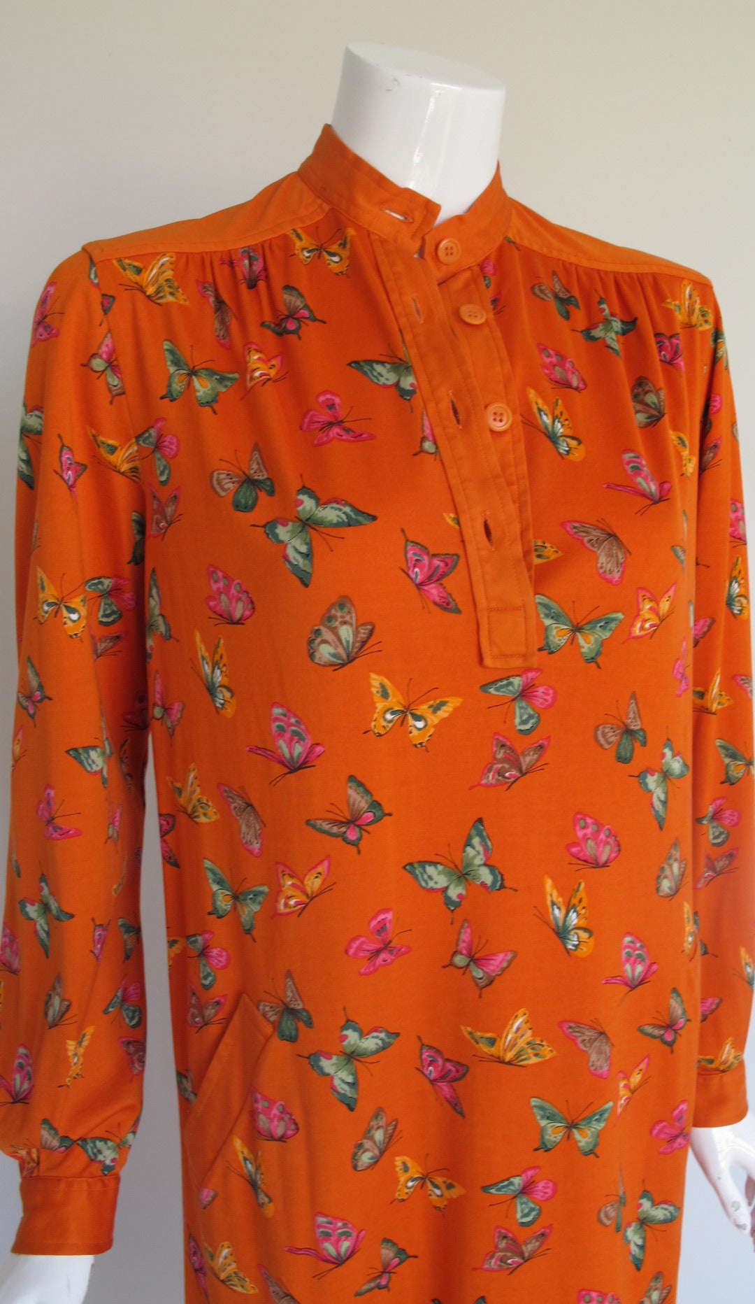 Red 1970s Gucci Cotton Shirt Dress in Orange w/Butterfly Print