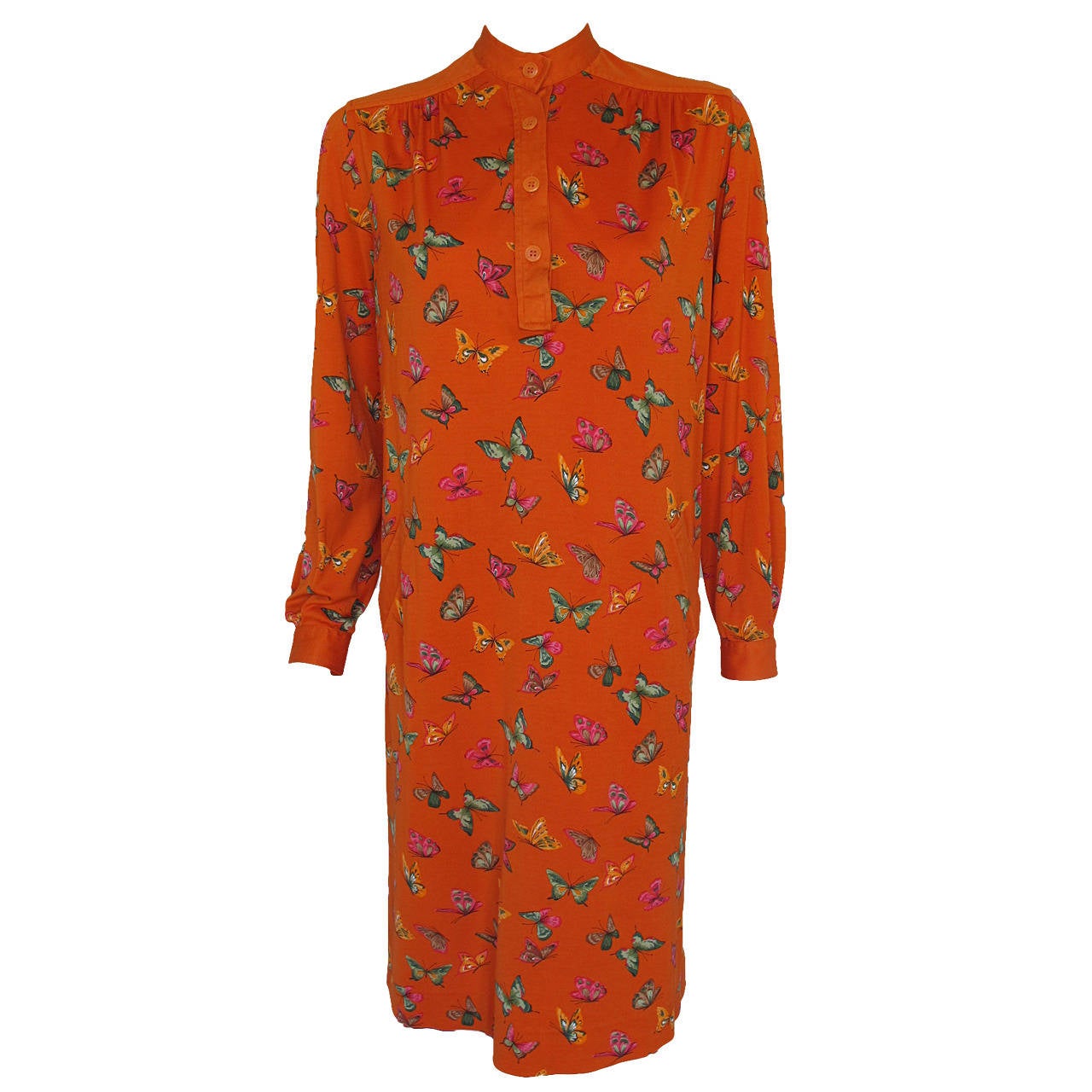 1970s Gucci Cotton Shirt Dress in Orange w/Butterfly Print
