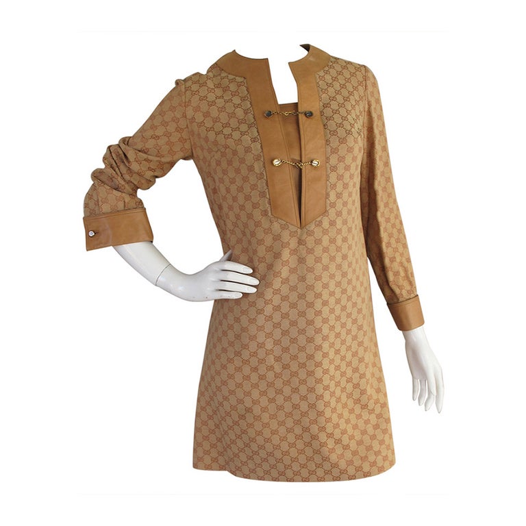1970s Gucci Monogrammed Logo Tunic Dress w/Leather Trim 1970s Gucci Monogrammed Logo Tunic Dress w/Leather Trim